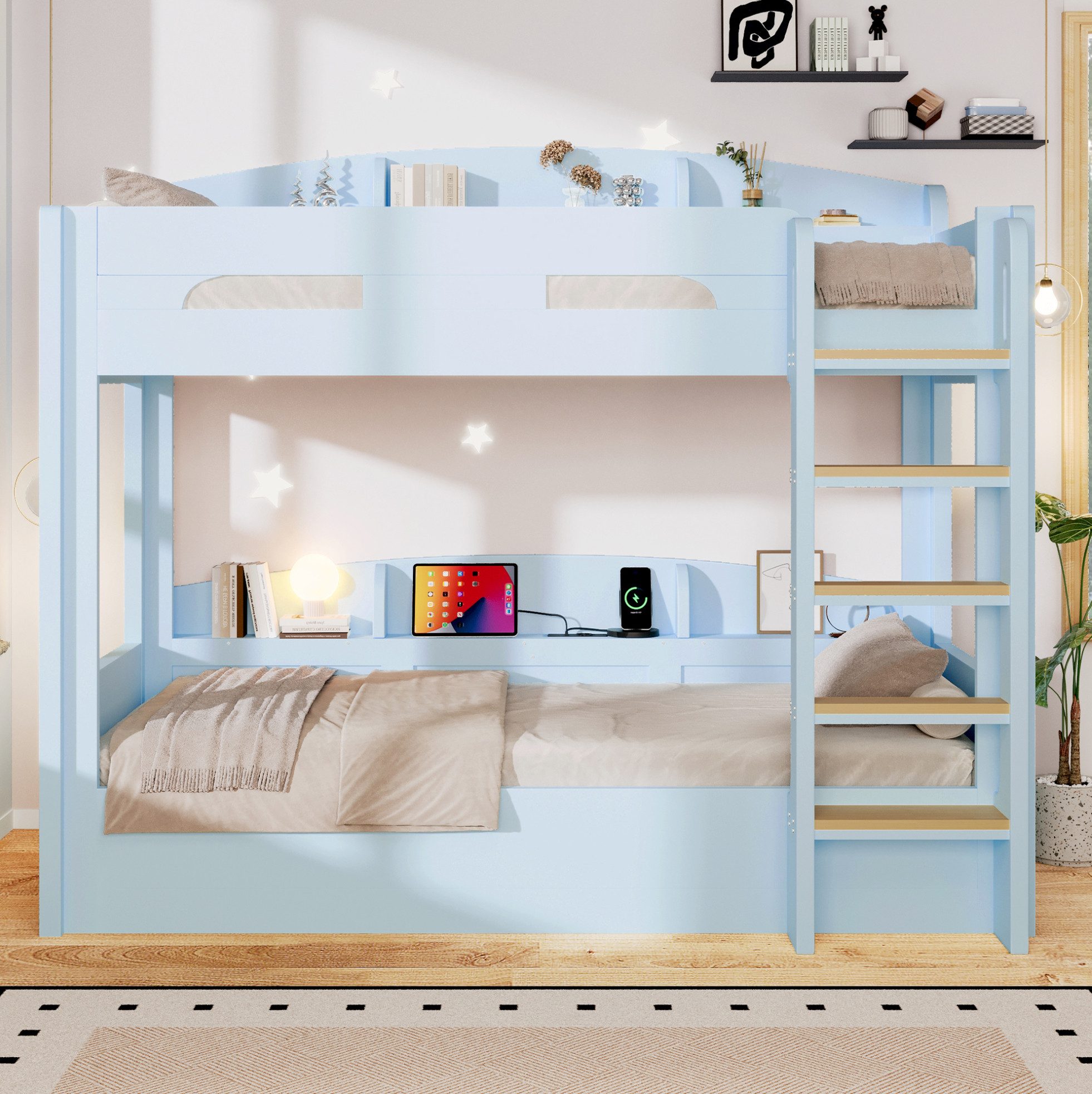 MODFU Hochbett Jugendbett mit integriertem Unterbett und Ablageflächen (Packung, 1-St., Bett mit USB Steckdose und modernen Details, ohne Matratze) Multifunktionsbett 90x200 cm Hellblau mit Stauraumbereich
