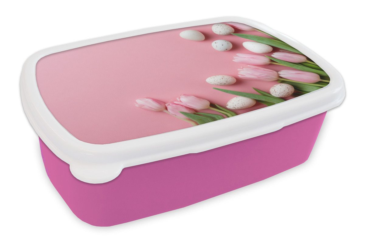 MuchoWow Lunchbox Tulpen - Eier - Rosa - Ostern, Kunststoff, (2-tlg), Brotdosen, Lunch Box, Brotbox für Kinder und Erwachsene