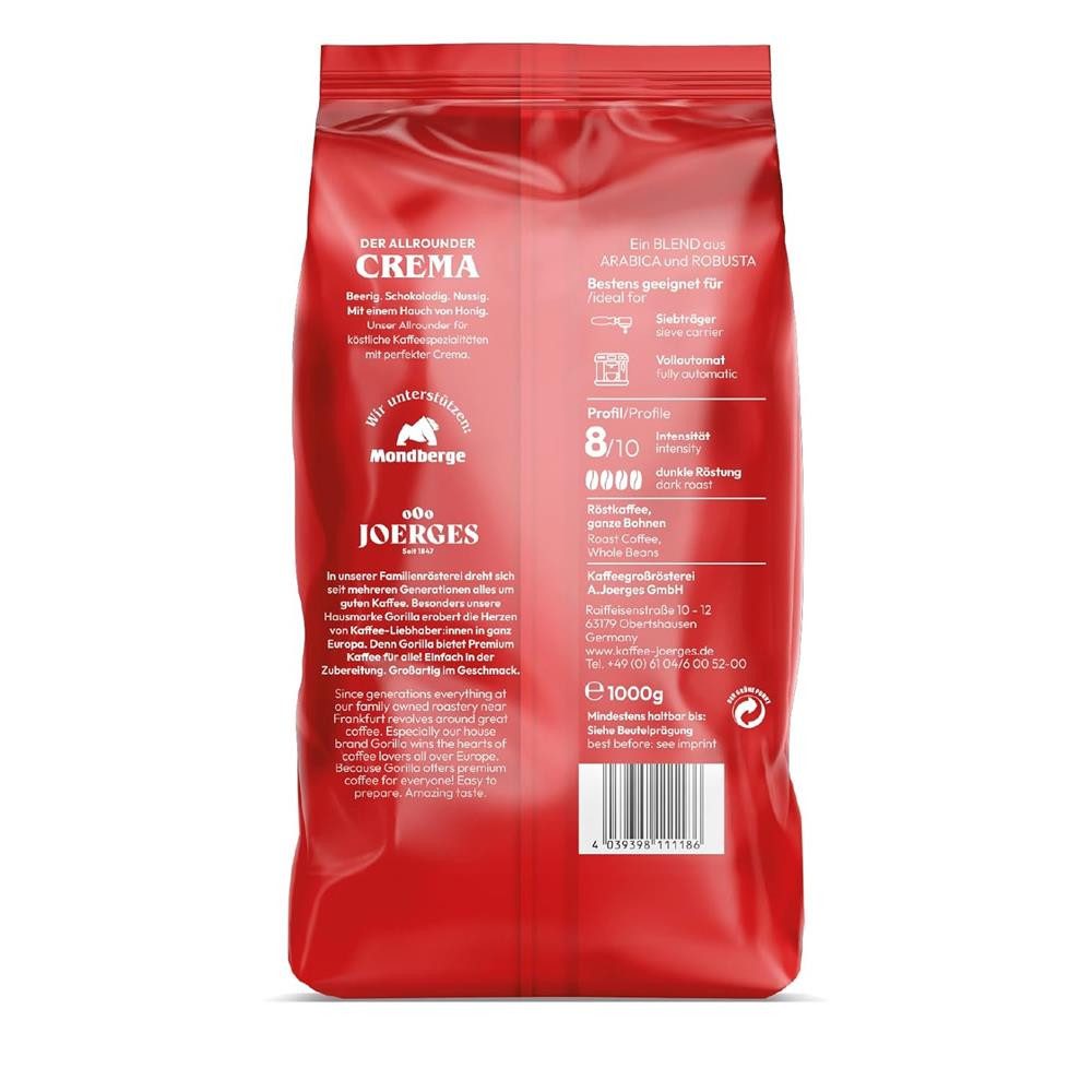 Gorilla Kaffee Joerges Espresso Gorilla Superbar Crema ganze Kaffeebohnen, 12 x 1000 g, aus 60% Arabicabohnen und 40% Robustabohnen