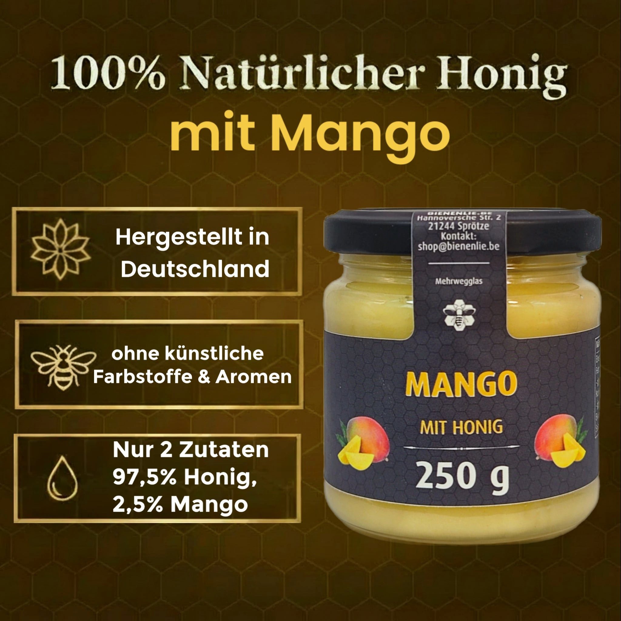 Imkerei BienenLie.be Honig Mango mit Honig - fruchtig & mild, 250g, 1 x 250 g, 1 St. (Cremiger Brotaufstrich mit Honig & Frucht)