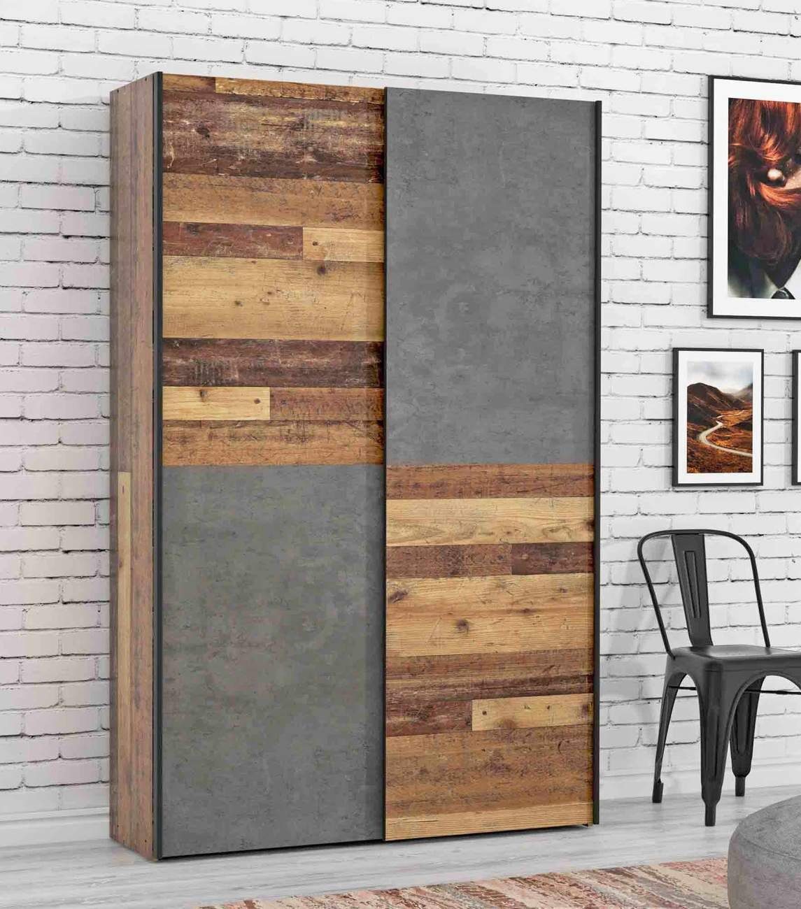 FORTE Mehrzweckschrank Schwebetürenschrank Mehrzweckschrank OZZULA Old Wood Vintage und Beton