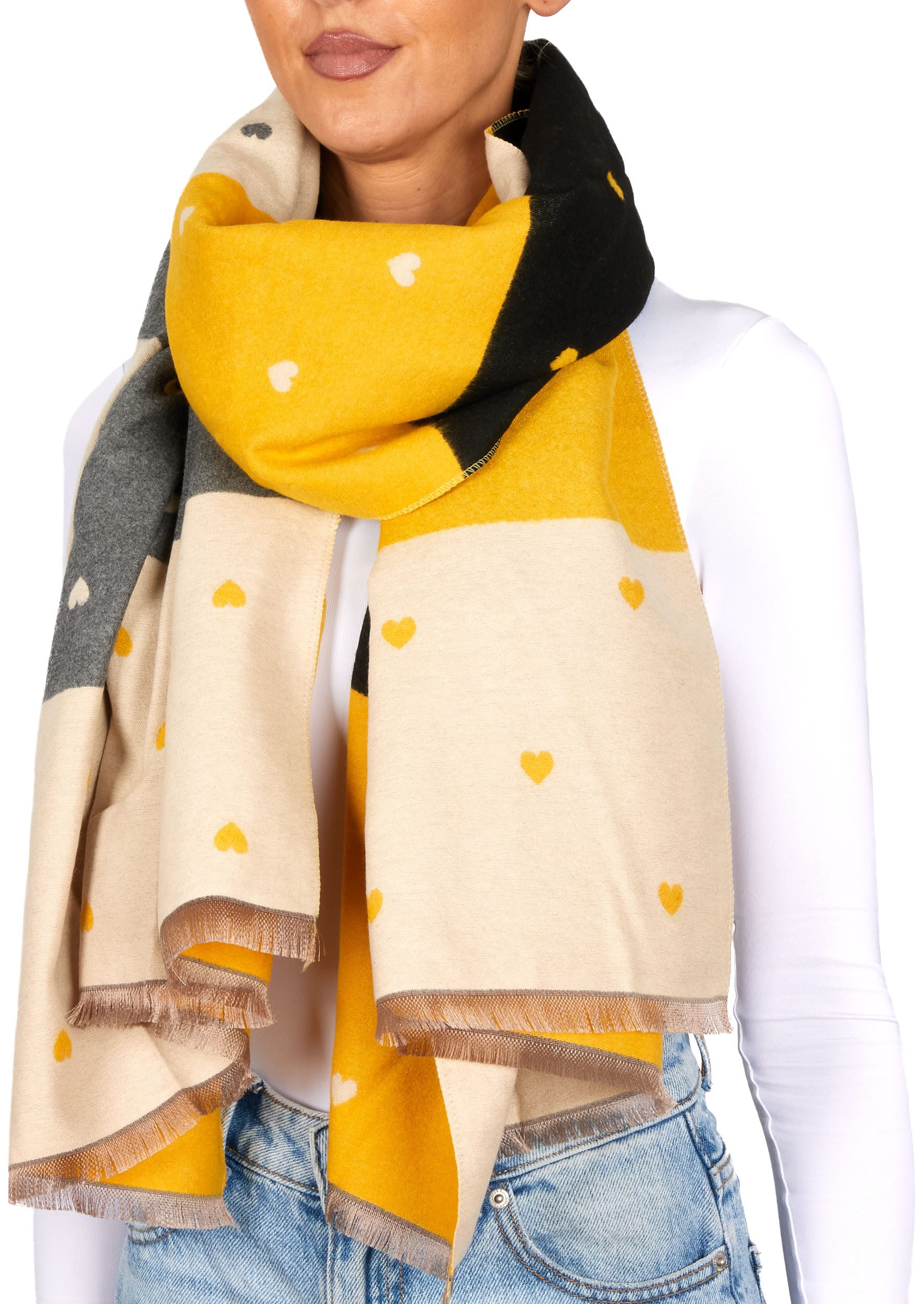 BRUBAKER Schal Cashmirillo Damen Schal mit Herz Muster - 70 x 200 cm, (Weiches Kaschmir-Gefühl, 1-St. für Herbst und Winter), Warm, Kuschelig und Oversized - Herbstschal Winterschal für Frauen