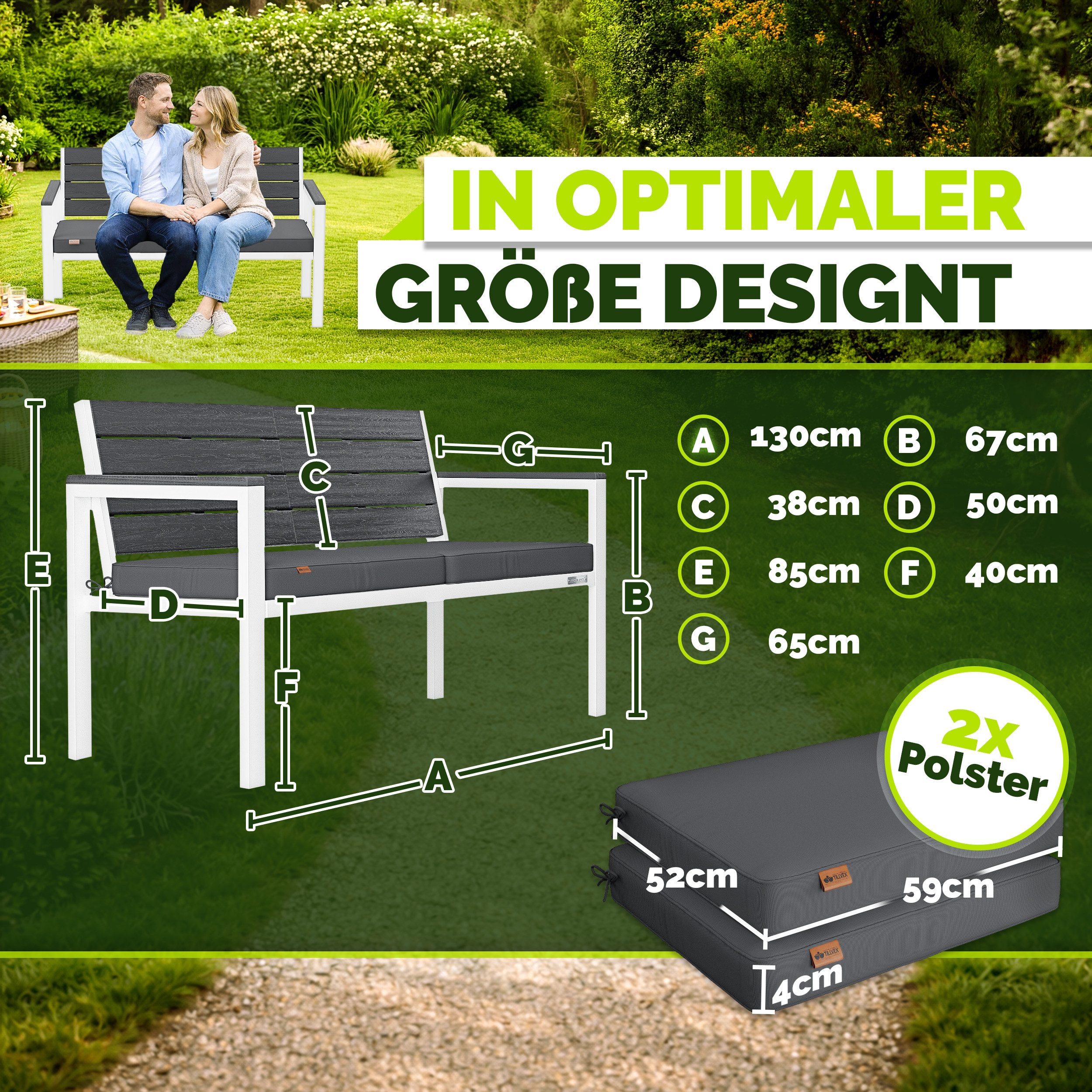 tillvex Gartenbank tillvex® Gartenbank mit Abdeckung & Kissen in Holzoptik bis 300kg (Garten Terrasse Balkon mit waschbarem Bezug, Parkbank in Holzoptik belastbar UV-beständig Sitzbank), Wetterfest 2-3 Sitzer mit Abdeckung & Kissen bis 300 kg