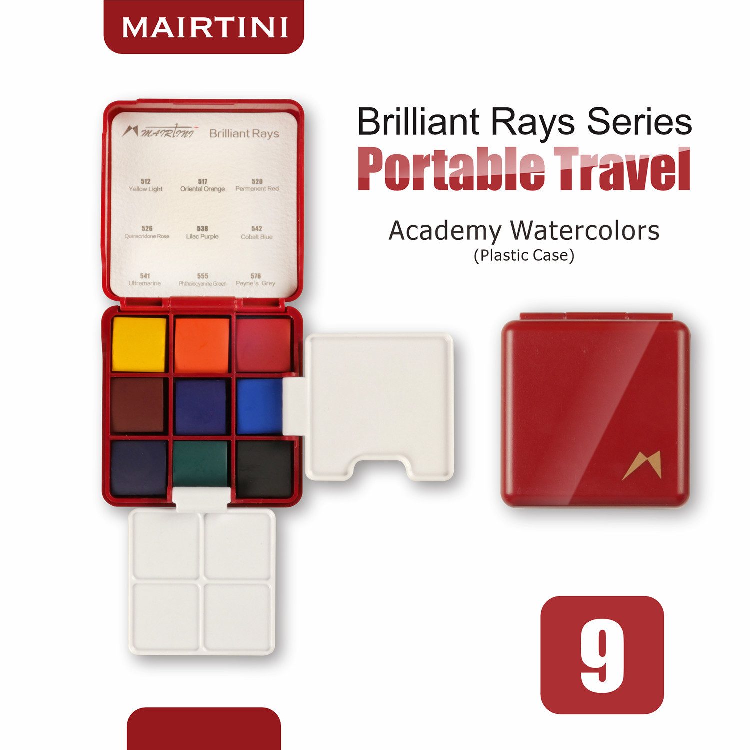 Mairtini Aquarellfarbe Set - 9 intensive Farben im mini stylischen grün/ rot/ rosa Reiseetui, Ideal für unterwegs & kreative Momente