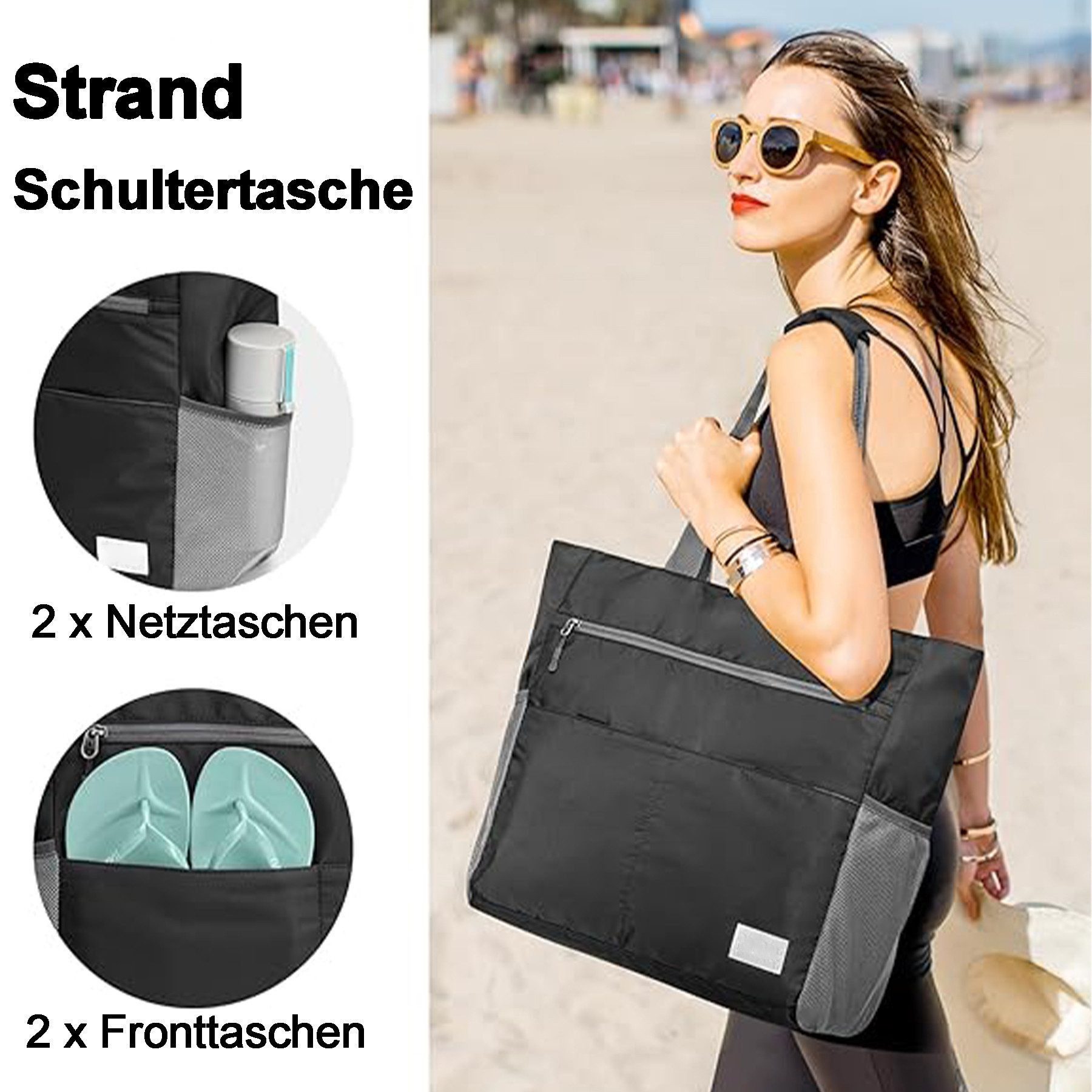 Mutig Strandtasche Große Strandtasche XXL mit Reißverschluss (wasserdichte & faltbare Badetasche, Shopper / Reisetasche / Beach Tote Bag mit mehreren Taschen),  – Bild 5 von 5