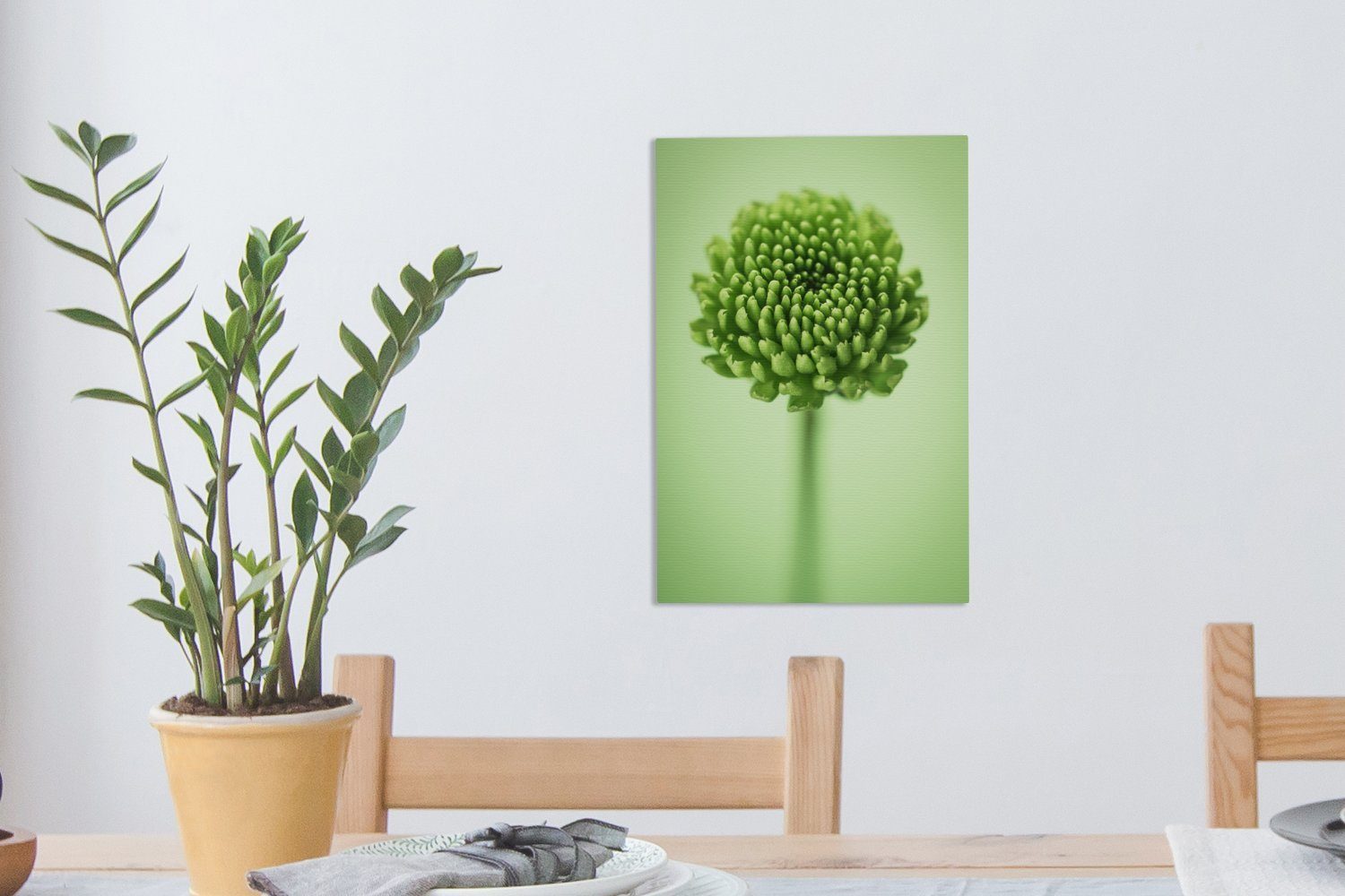 OneMillionCanvasses® Leinwandbild Grüne botanische Chrysanthemenblüte cm mit (1 St), 20x30 Zackenaufhänger, bespannt fertig Leinwandbild unscharfem Gemälde, Hintergrund, inkl