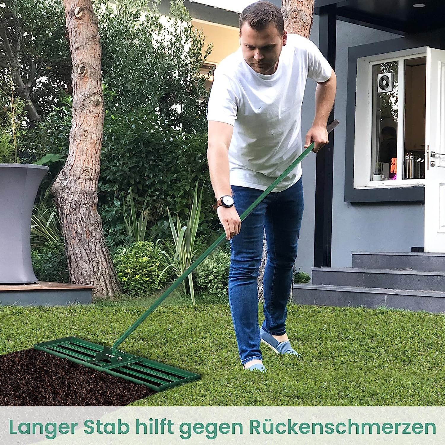 KOMFOTTEU Rasenrechen Nivellierrechen Gartenrechen, mit 170cm Griff, 91 x 25 cm