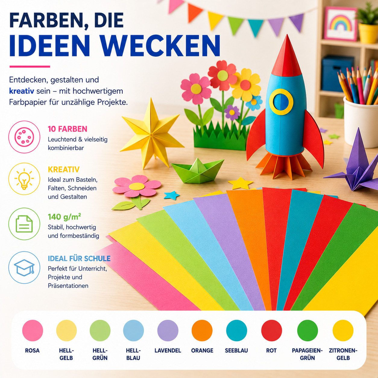 Bastelfreund® Bastelkartonpapier 100 Blatt Buntpapier DIN A4, 140 g/m², für Bastelarbeiten, Bedruckbar, Papierstärke 120 g/m² – Bild 3 von 5
