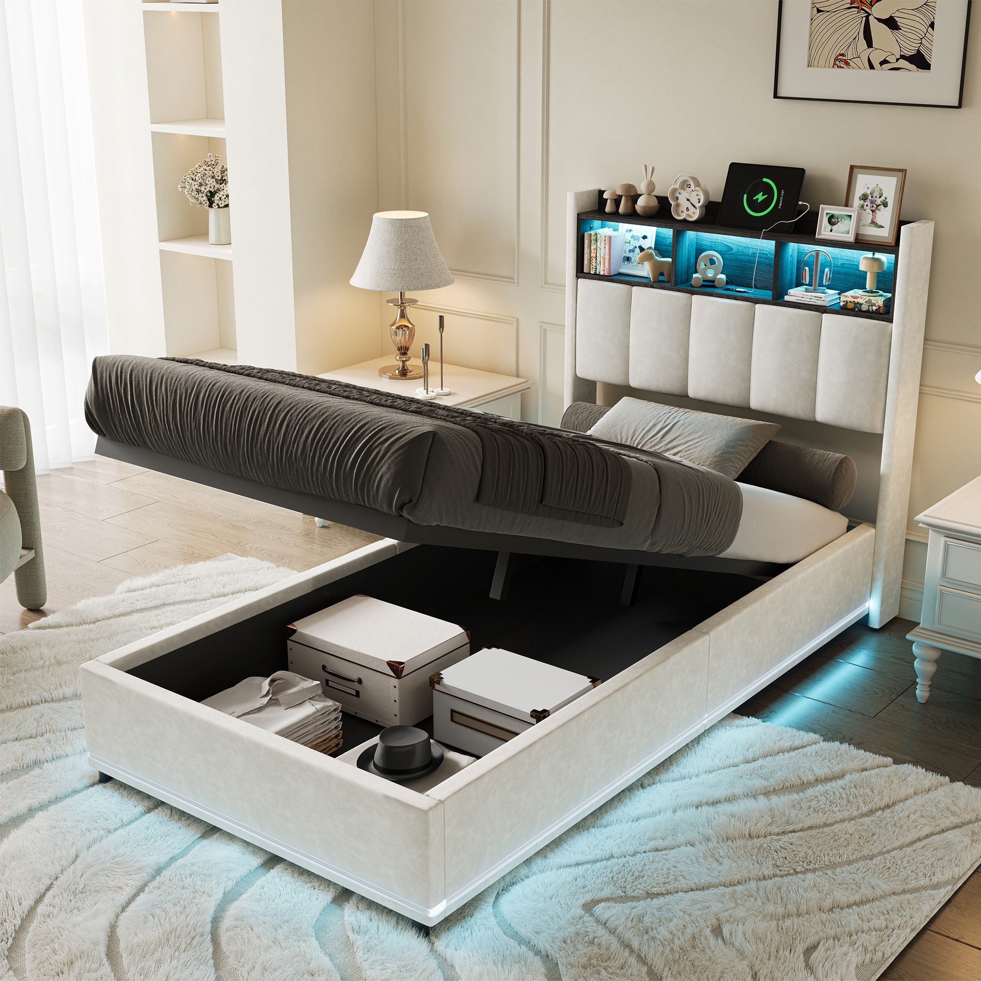 Furnishings Home Polsterbett 90x200 cm, LED Stauraumbett Jugendbett (1-tlg., Samtmaterial, Komforthöhe, Leises Design Bett), Mit Ladefunktion und Bettkasten LED – Bild 2 von 5