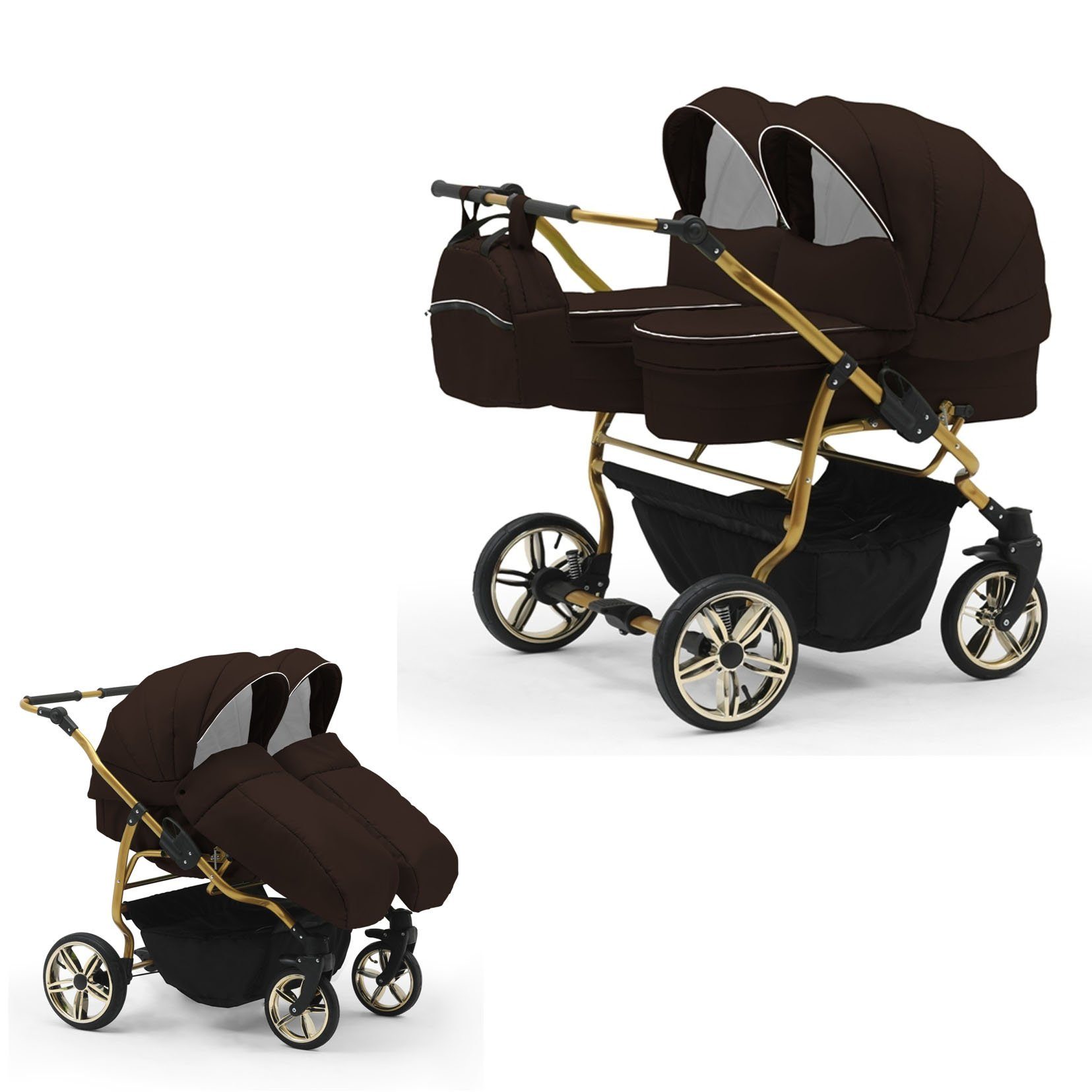 babies-on-wheels Zwillingswagen Zwillingskinderwagen 2 in 1 Duet Lux - 10 Teile - in 33 Farben Braun