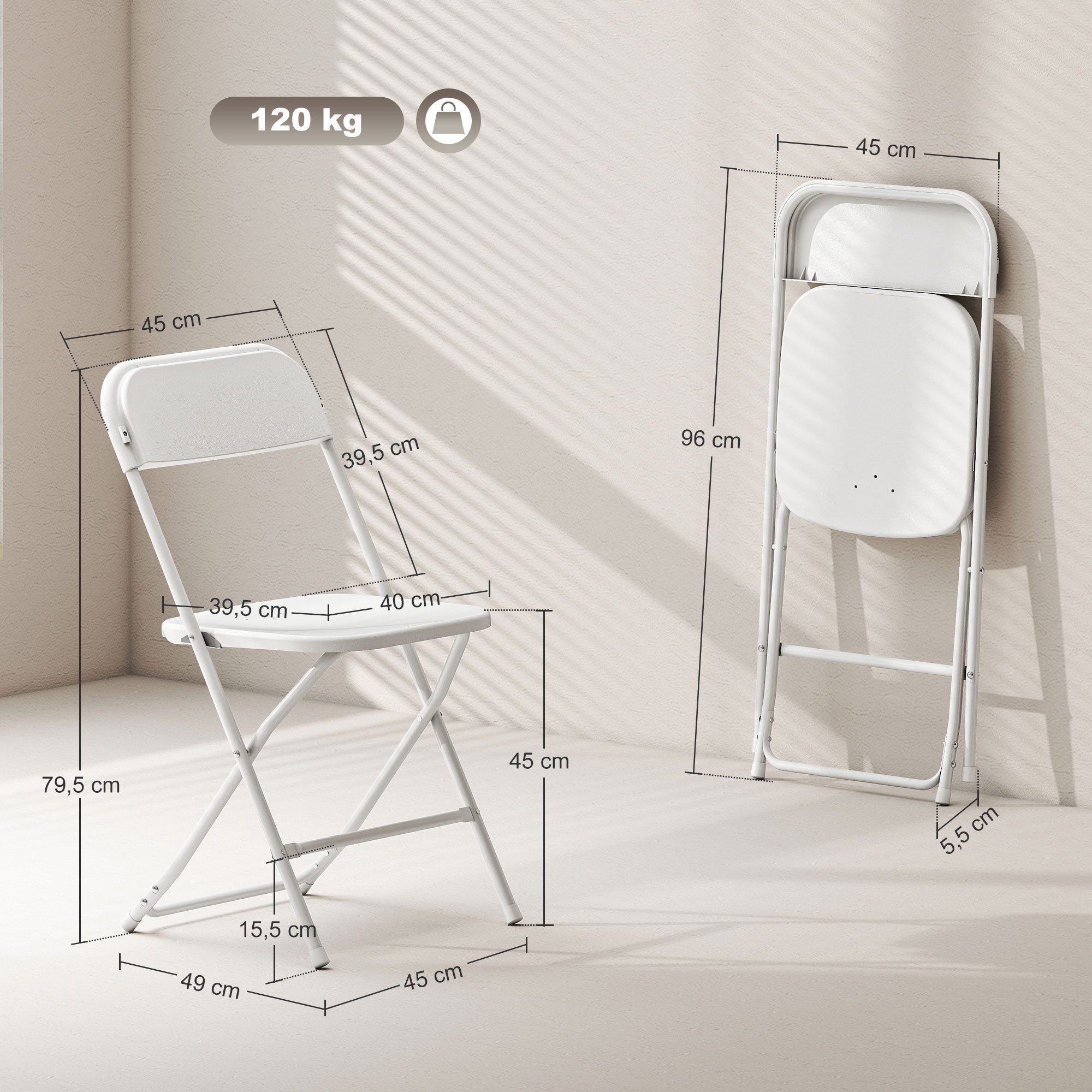 HOMCOM Klappstuhl faltbare Stühle, Stahlrahmen, vielseitig einsetzbar (Bürostuhl, 6 St), für Esszimmer, Wohnzimmer, Weiß