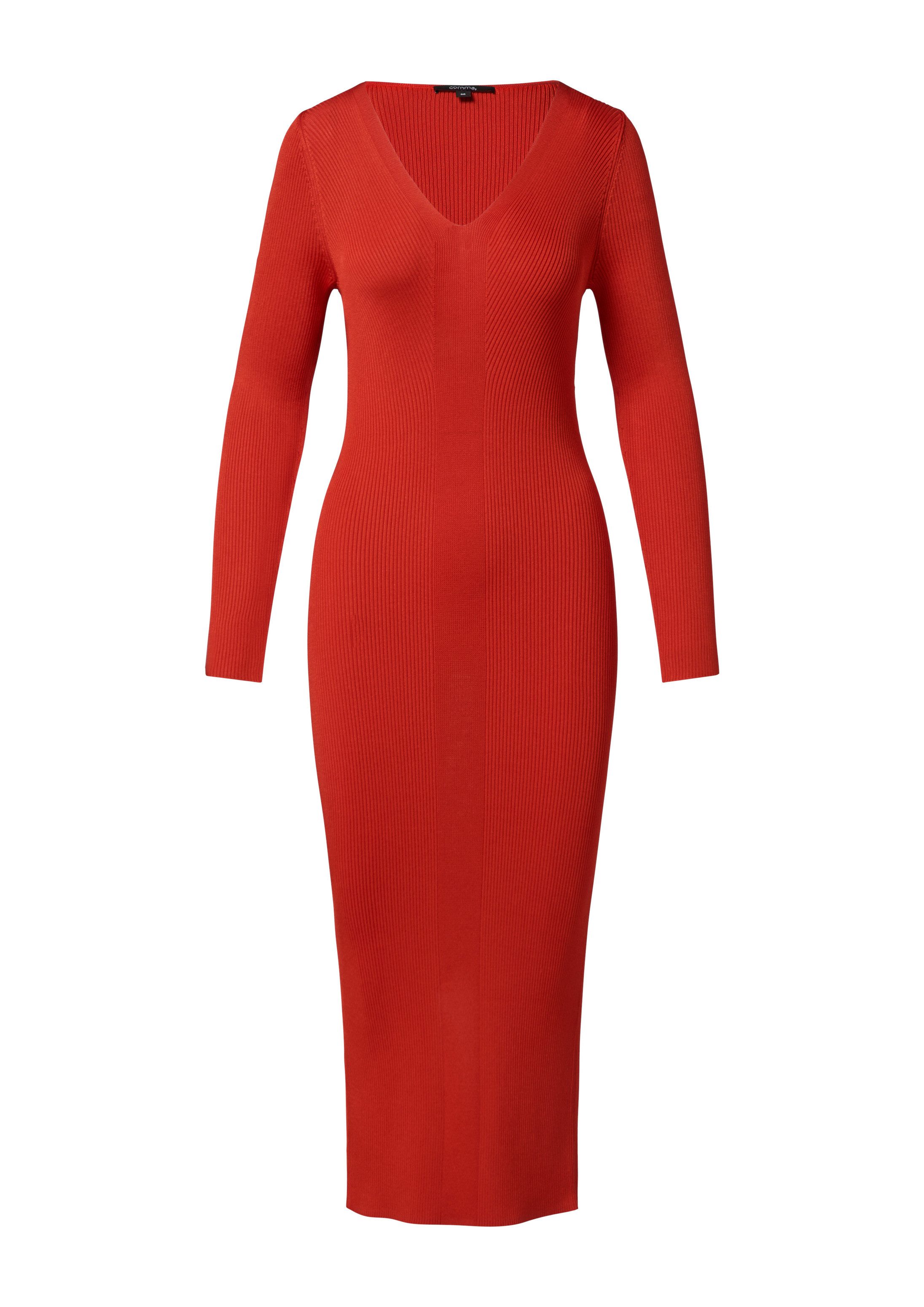 comma Maxikleid Kleid Geripptes Slim-Fit-Kleid mit V-Ausschnitt