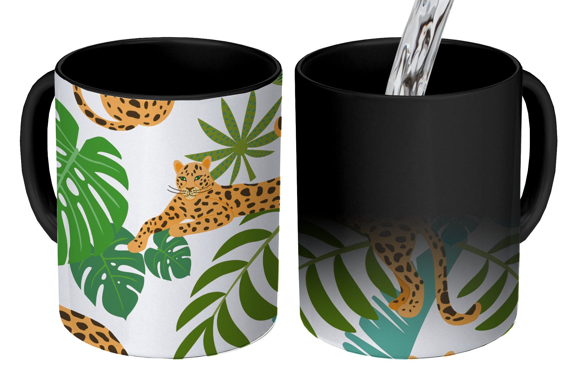 MuchoWow Tasse Dschungel - Leopard - Pflanzen - Muster - Mädchen - Jungen, Keramik, Farbwechsel, Kaffeetassen, Teetasse, Zaubertasse, Geschenk