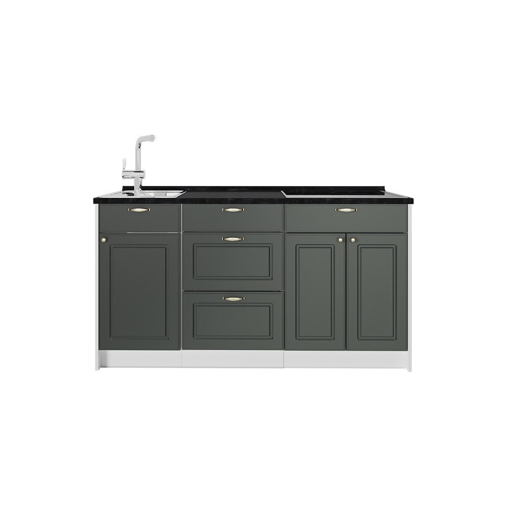 Vicco Küchenzeile Fame-Line, Grün-Gold Landhaus/Weiß, 150 cm Arbeitsplatte Anthrazit