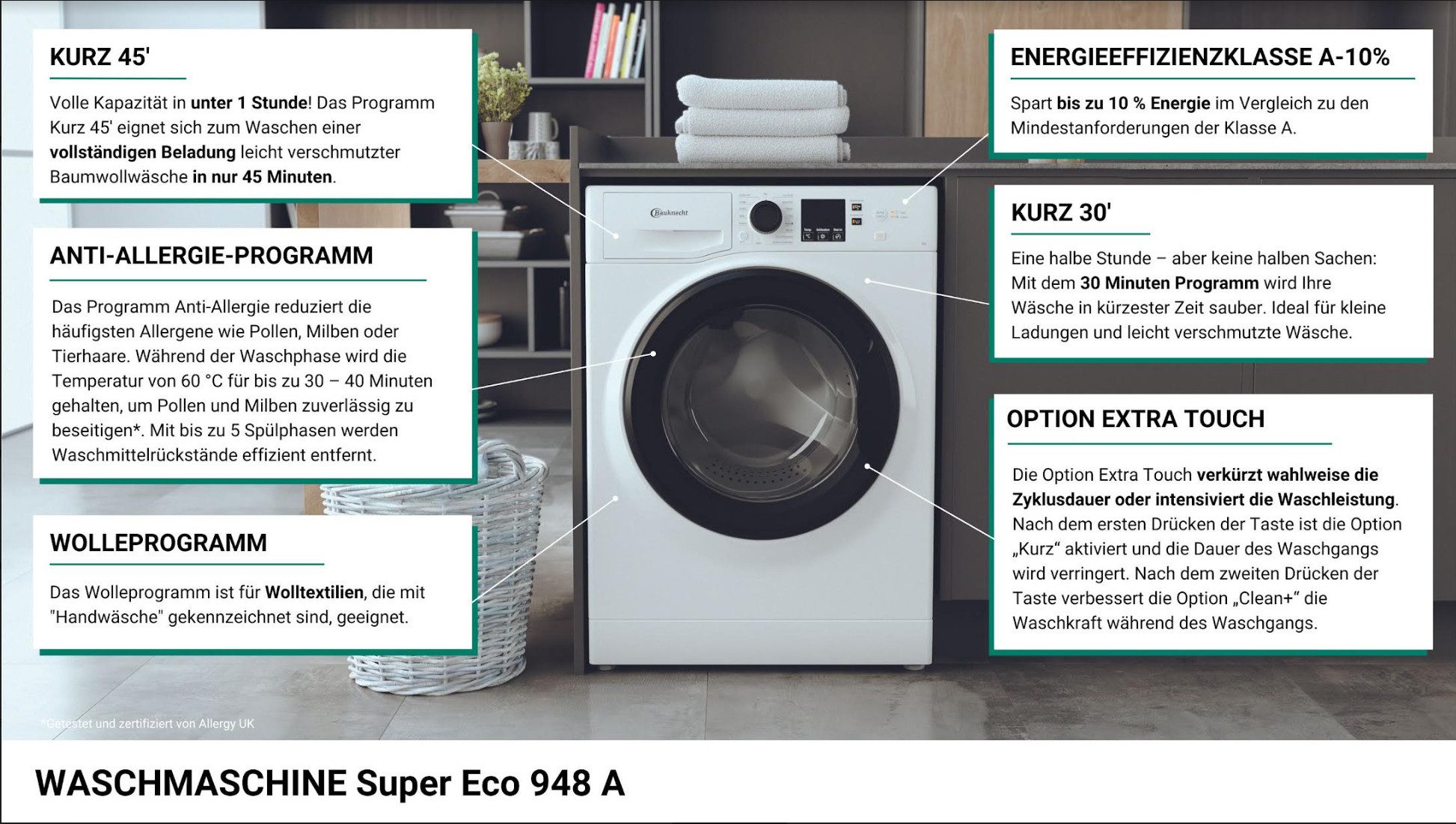 BAUKNECHT Waschmaschine Super Eco 948 A, 9 kg, 1400 U/min, 4 Jahre Herstellergarantie, Kurz 45 Minuten und 40° Antiflecken – Bild 2 von 5