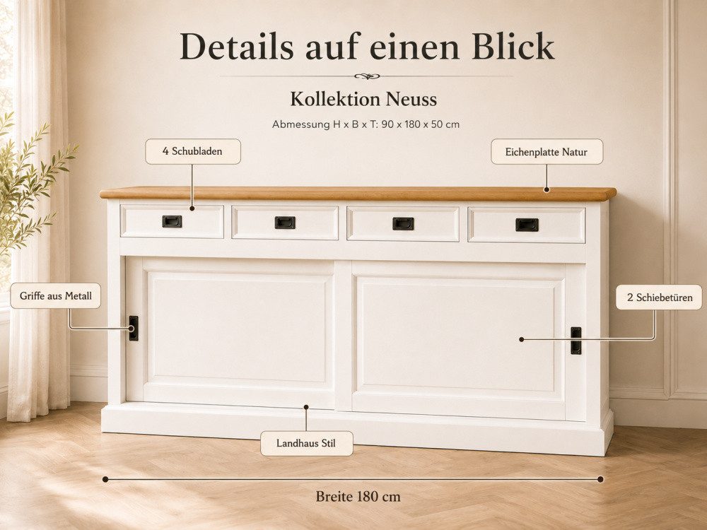 Wohnpalast Sideboard Sideboard Neuss weiss/eiche 180 cm mit Schiebetüren im Landhaus Stil