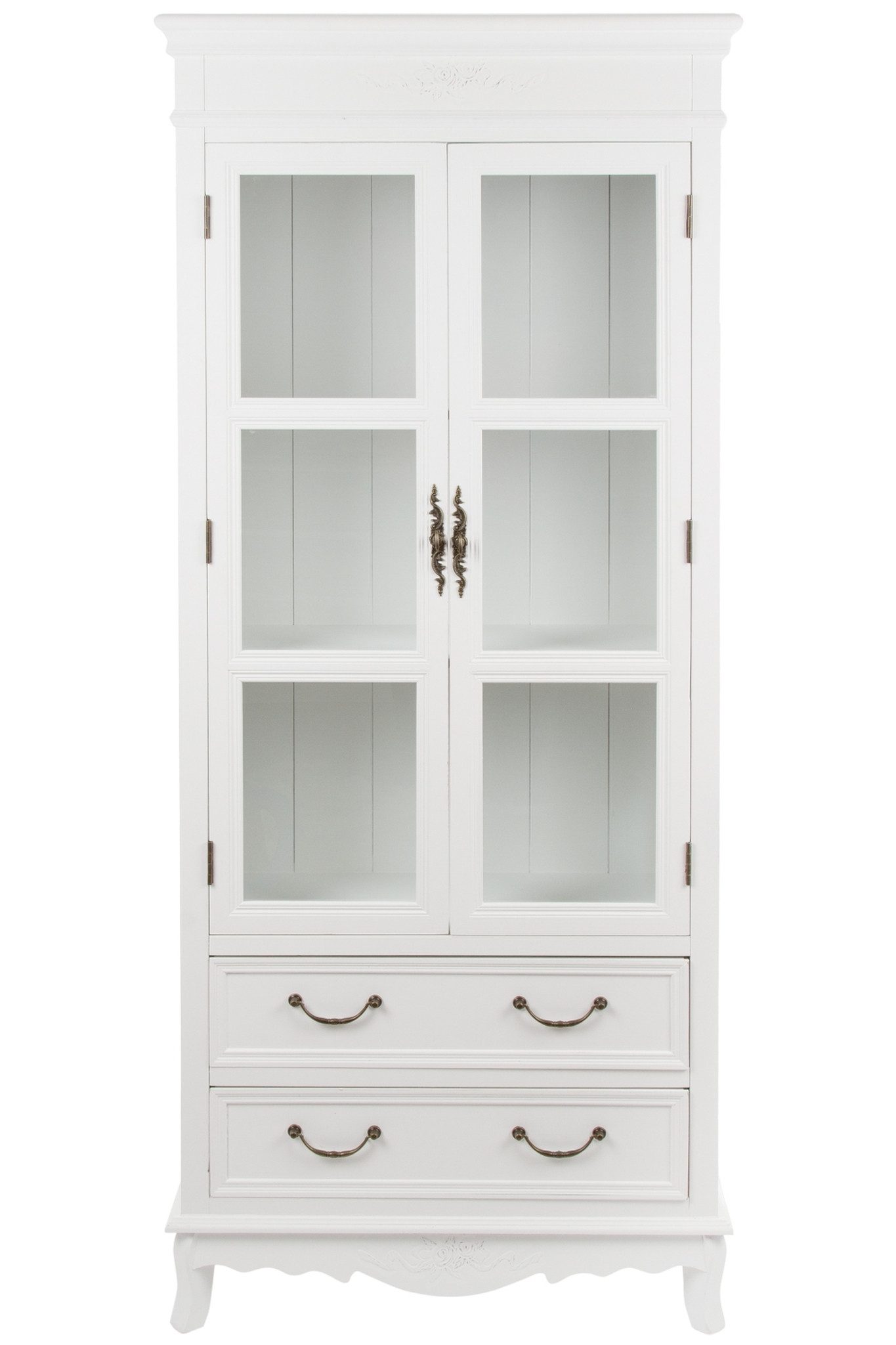 Wohnando Vitrine Großer Vitrinenschrank "Melody", Holz, 31x70x177 cm, Hochschrank, weiß mit 2 Glastüren, 2 Schubladen, Shabby, Wohnzimmer, Hochschrank