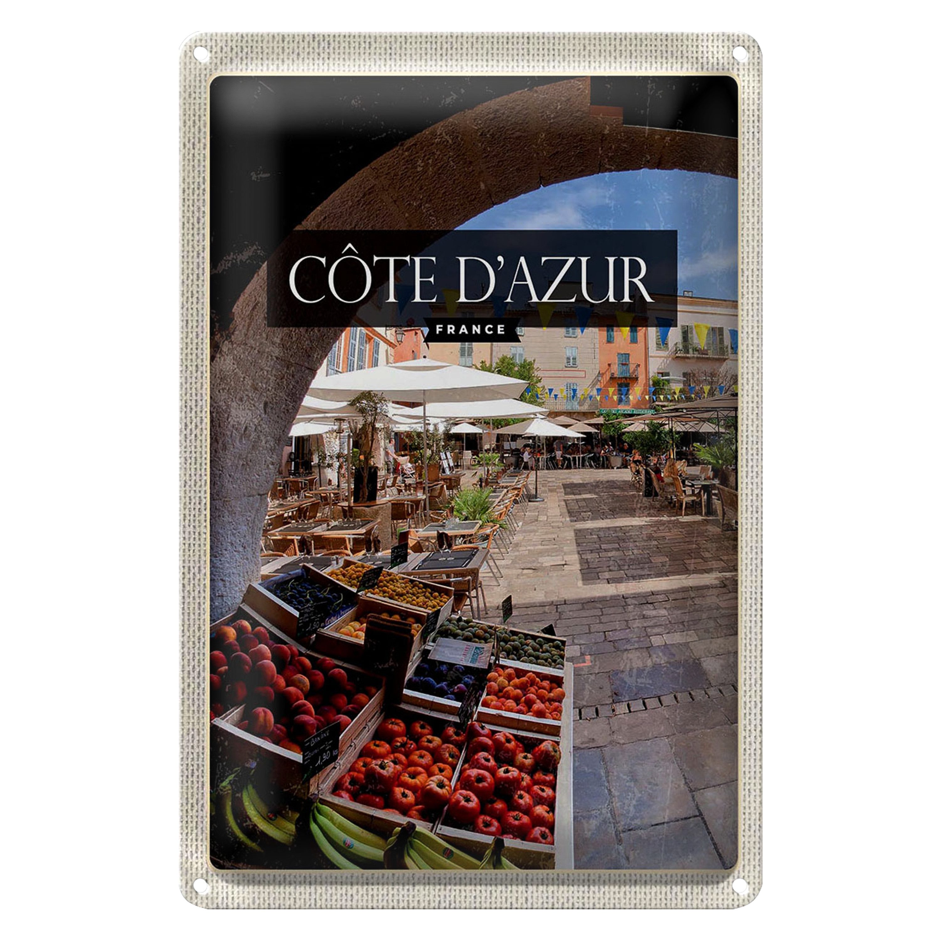 Roomando Metallschild Reise 12x18cm Cote d'azur France Obstmarkt Cafe