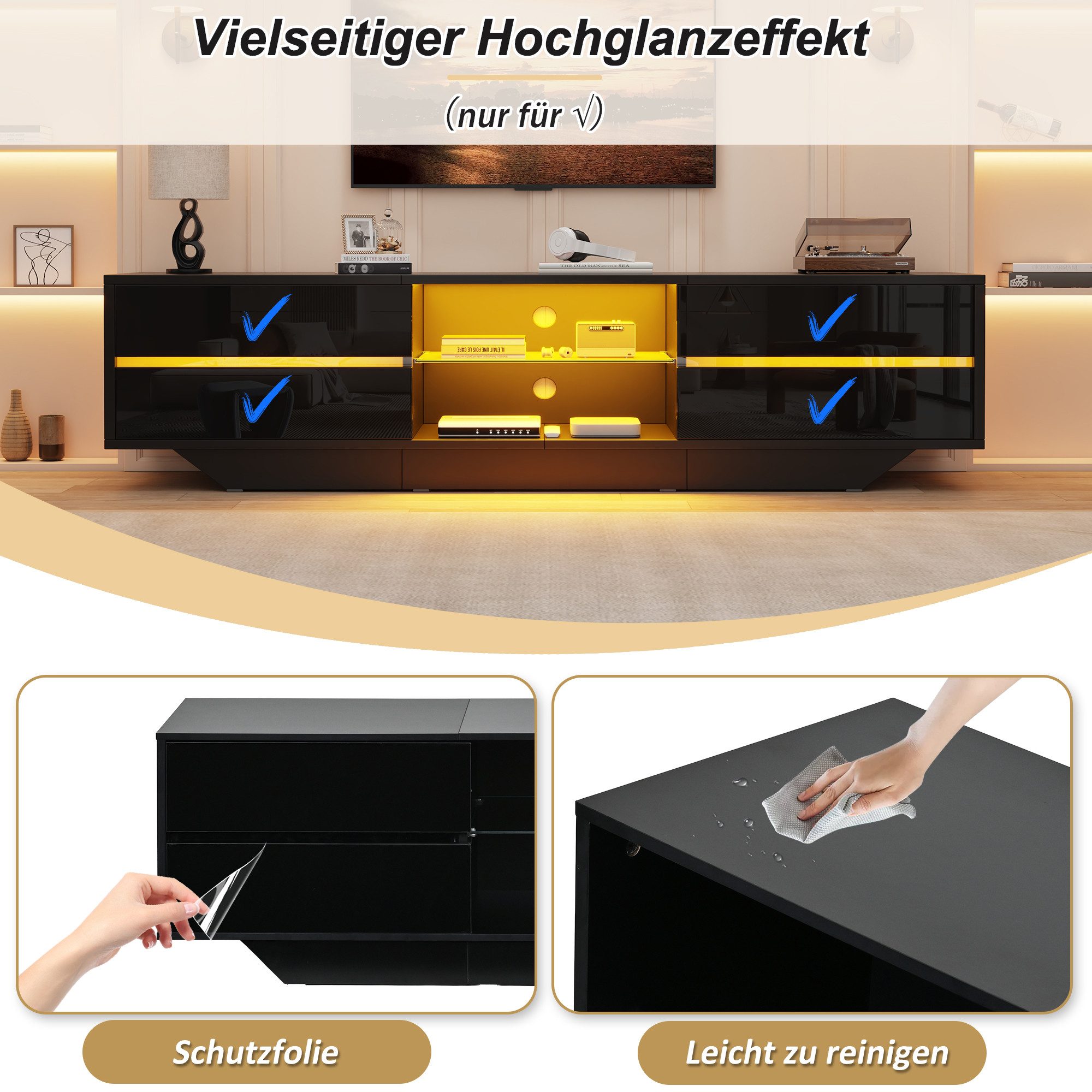 STILVORA Lowboard Hochglanz-TV-Schrank mit LED-Leuchten Fernsehschrank bis 65 Zoll