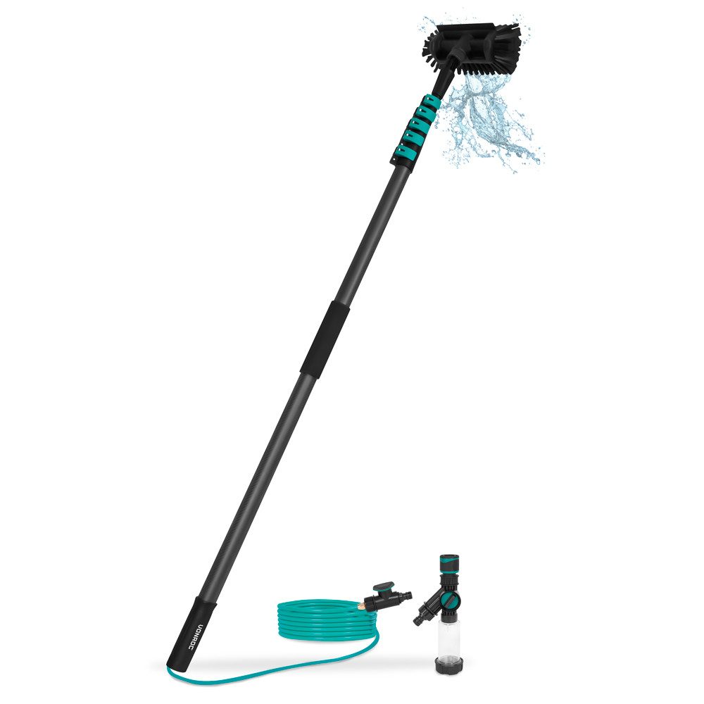 VONROC Reinigungsbürste Teleskop Waschbürste mit Teleskopstiel, Reinigung für Fenster, Terrassendach, Solaranlage, (Packung), Integrierter Wasserschlauch, Stufenlos verstellbar