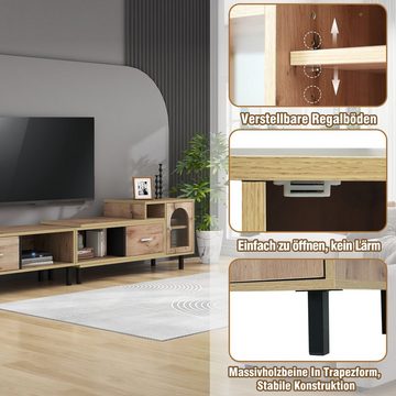Merax Lowboard mit 2 Schubladen und 3 offenen Fächer, TV-Schrank mit Glastür, TV-Board, Länge verstellbar 200-278cm