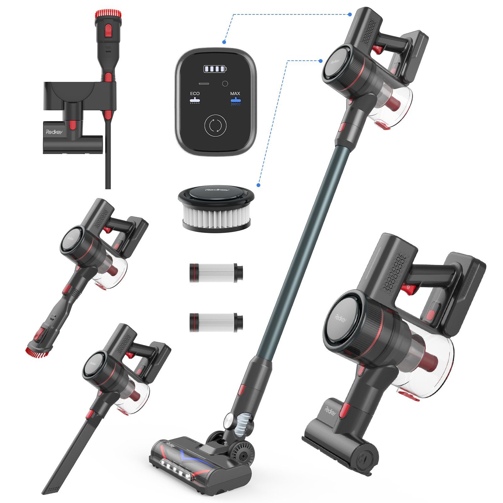 Redkey Akku-Stielstaubsauger P9, beutellos, 30KPa Hohe Saugleistung, 8 in 1 staubsauger kabellos mit LED-Bürste
