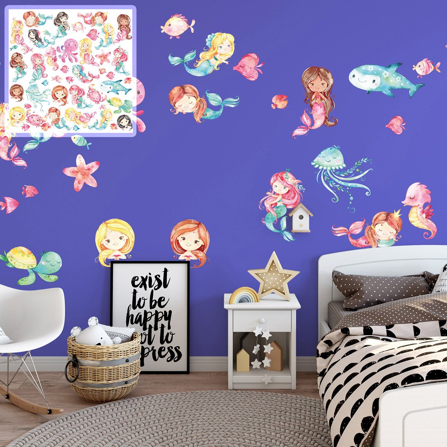 Sunnywall Wandtattoo XXL Wandtattoo Meerjungfrauen Set Kinderzimmer Unterwasserwelt