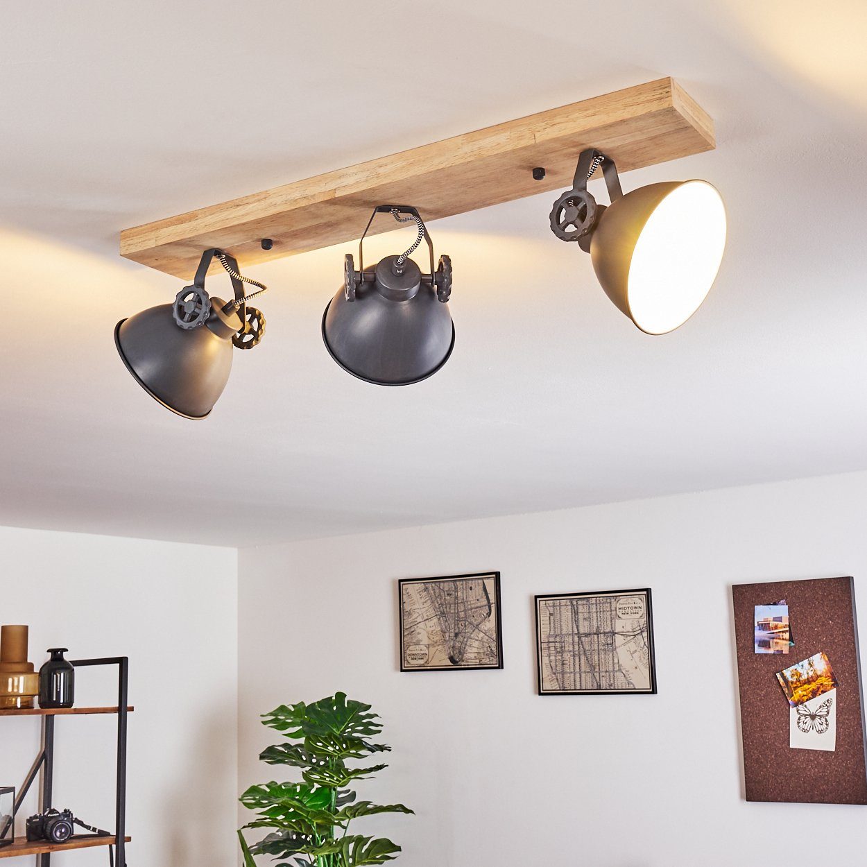 3xE14, mit ohne Retro/Vinatge Blau-Grau/Natur, Leuchtmittel, »Mot« in hofstein Deckenleuchte Metall/Holz Design verstellbaren aus Strahlern, Deckenlampe