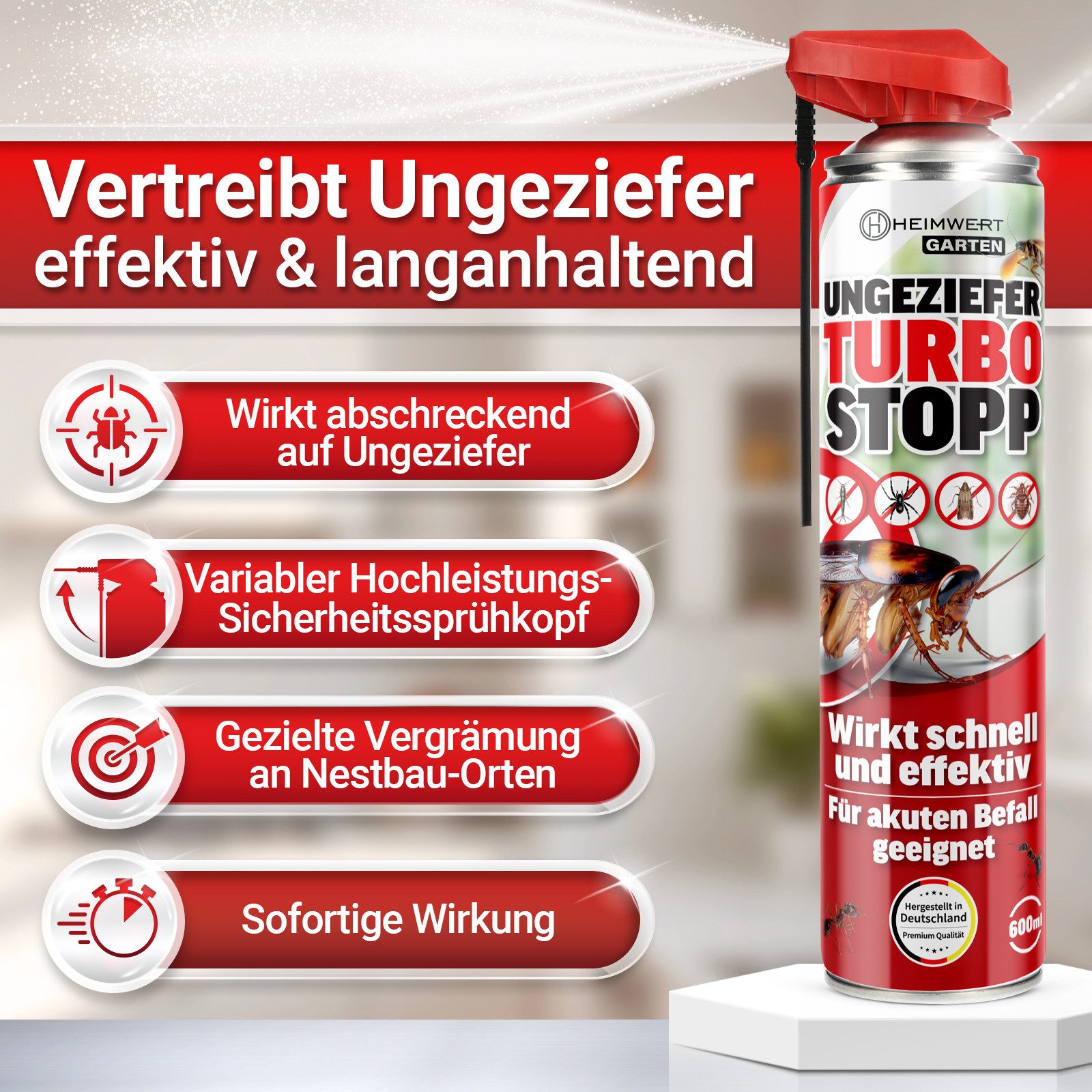 HEIMWERT Insektenspray Insektenspray Ungezieferspray, 600 ml, Akut gegen Ungeziefer – Sofortige Wirkung
