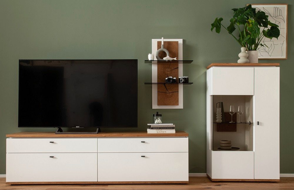 MCA furniture Wohnwand Wohnkombination Matadi 2, Soft white / Ast-Balkeneiche, 3-teilig, (3-St), Wohnwand, Anbauwand, modern