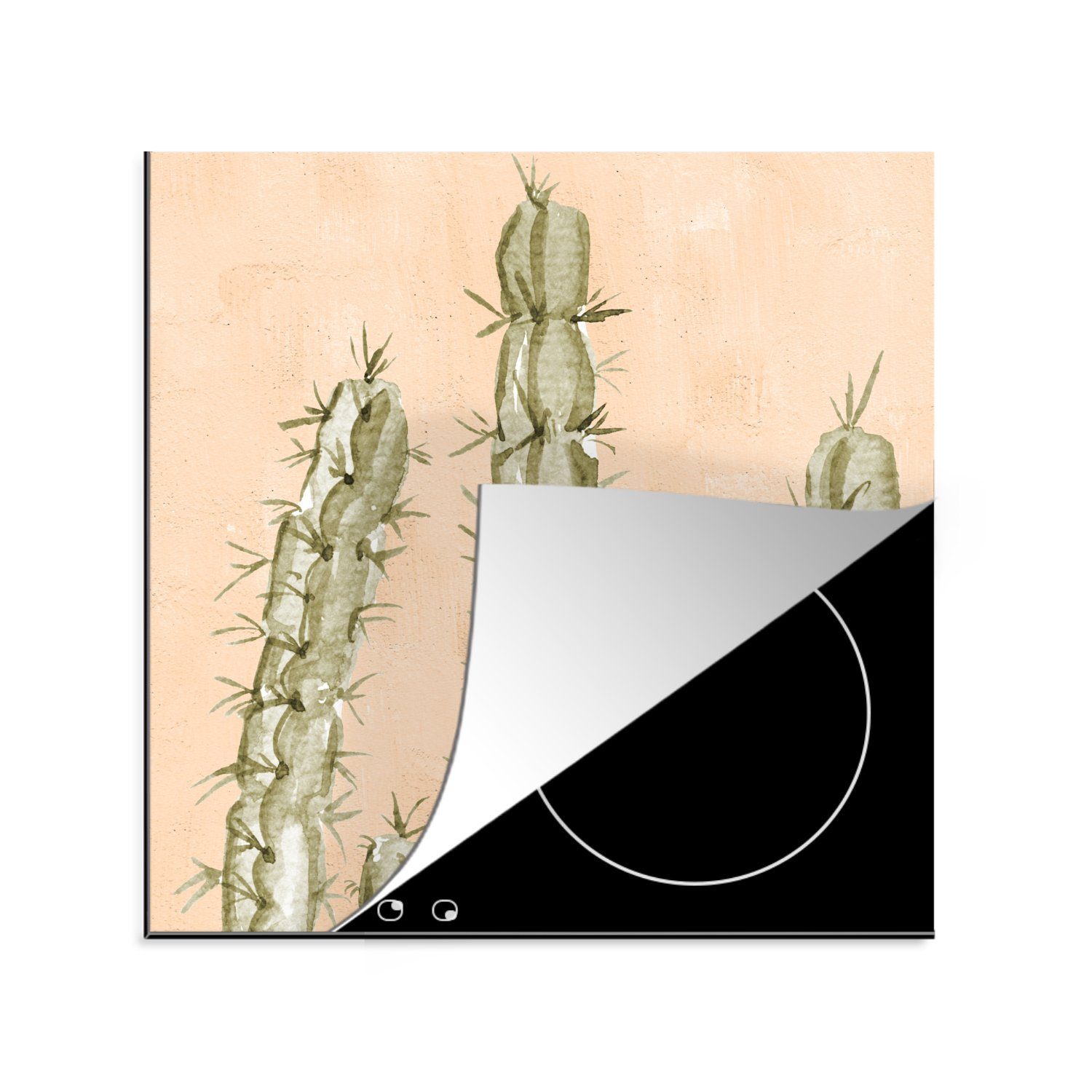 MuchoWow Herdblende-/Abdeckplatte Aquarell - Böhmisch - Kaktus - Botanisch, Vinyl, (1 tlg), 78x78 cm, Ceranfeldabdeckung, Arbeitsplatte für küche | Herdabdeckplatten