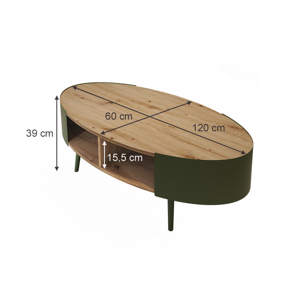Vicco Couchtisch Lofta, Grün/Eiche, 120 x 60 cm (1-St)