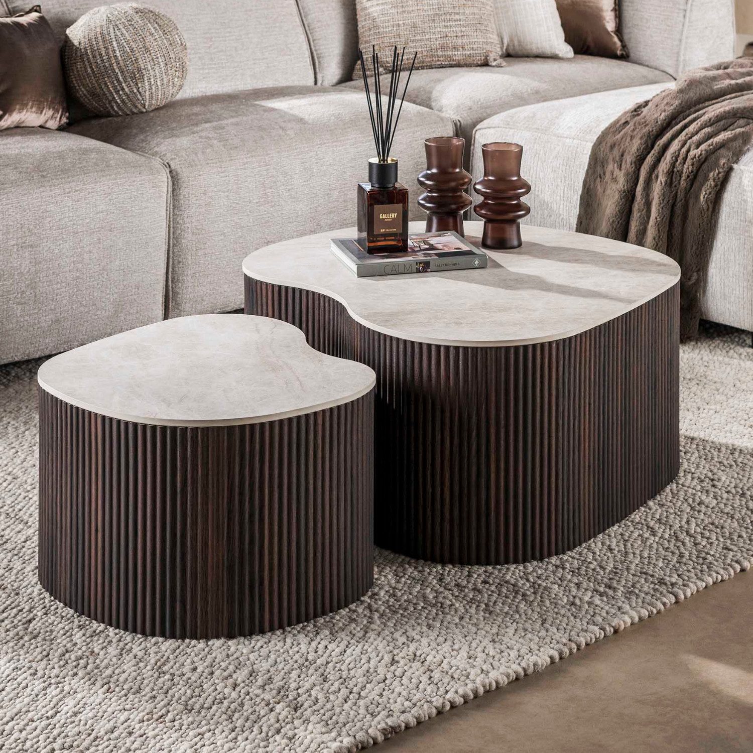 alesvelt Couchtisch CERAMO MEDIO 2-teilige organische Lounge-Tische im Monolith-Design (2er-Set), 90x39cm 60x35cm Travertin-Optik