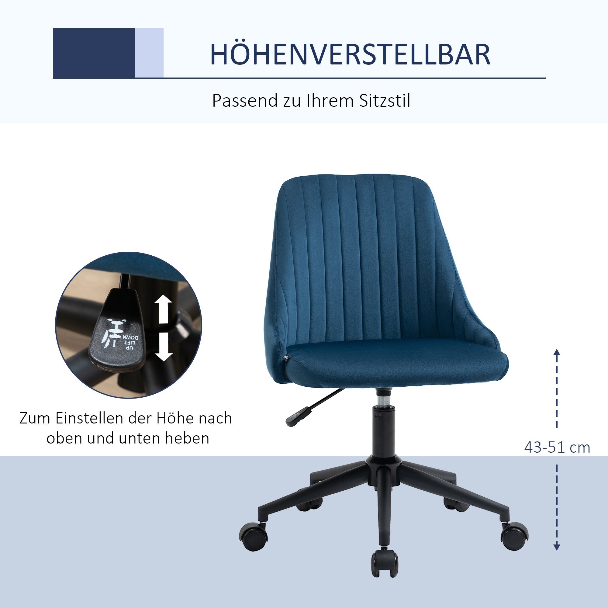 (Bürostuhl Liniendesign St), Drehstuhl Rückenlehne, mit Blau Vinsetto Bürostuhl Polyester 1 Samtartiges Bürostuhl Ergonomisches
