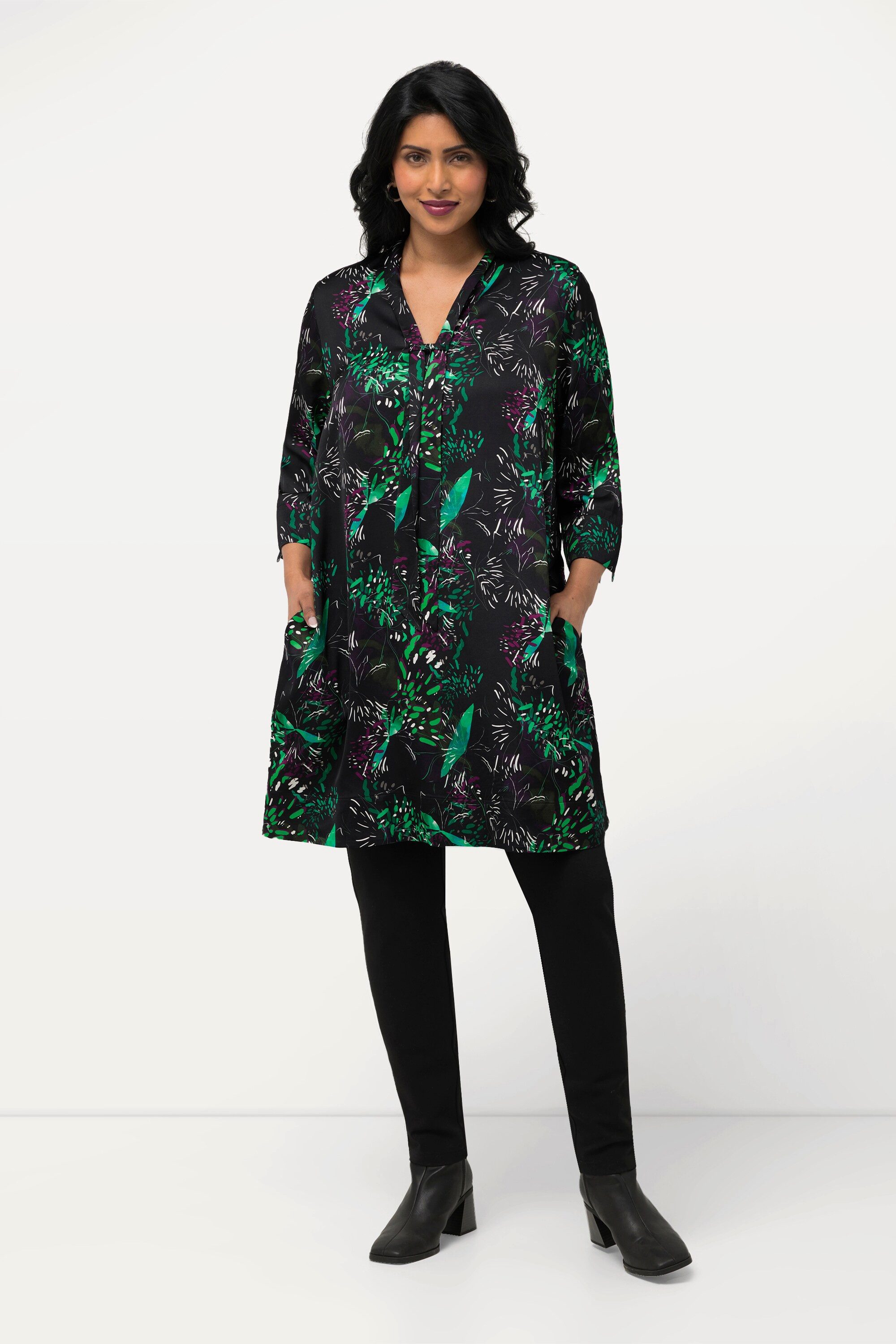 Tunika Long-Tunika Satin V-Ausschnitt Schluppe 3/4-Arm