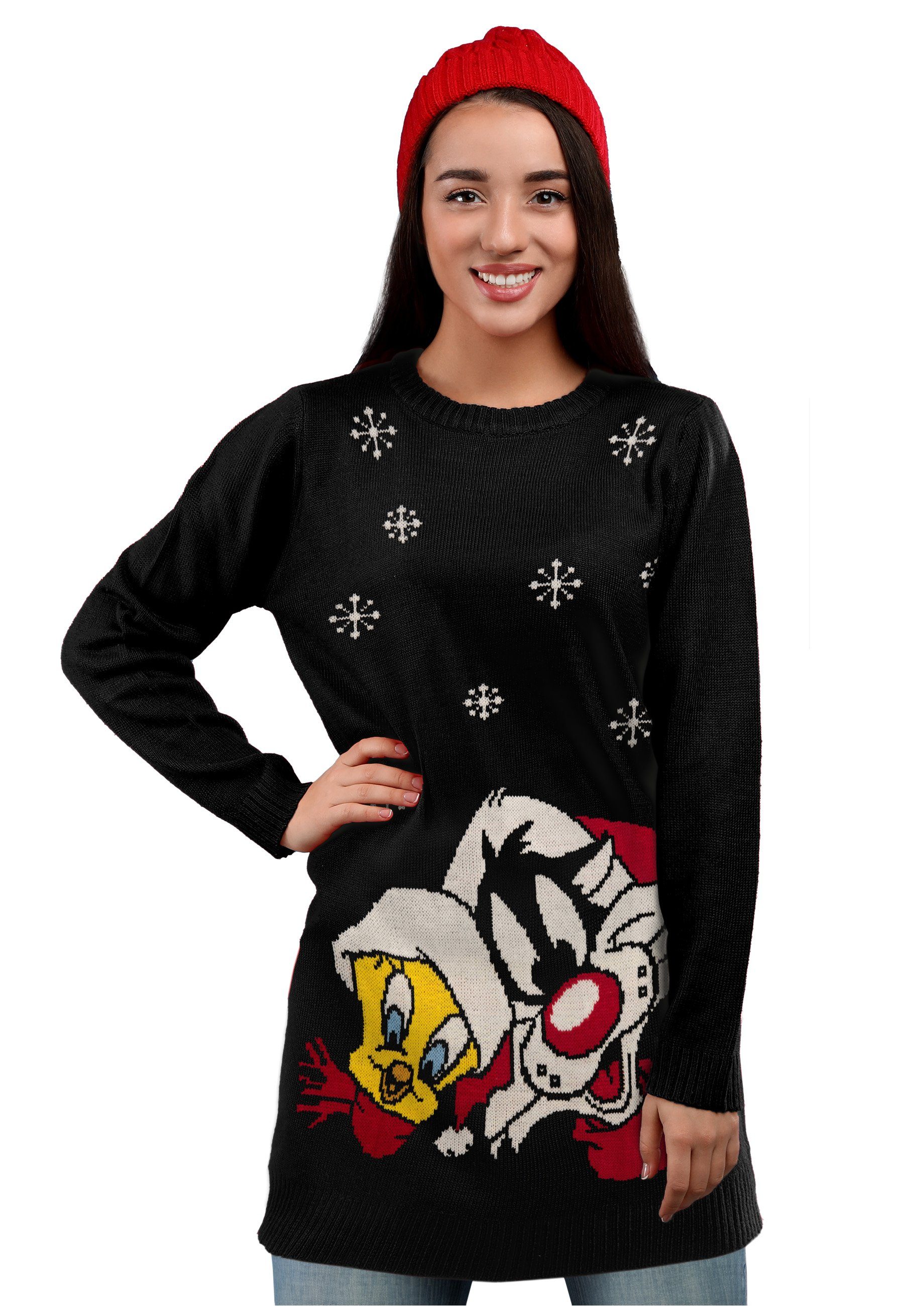 United Labels® Weihnachtspullover Looney Tunes Strickkleid - Sylvester und Tweety Weihnachten Schwarz