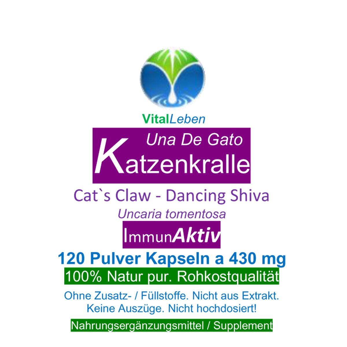 VitalLeben Katzenkralle Una De Gato Uncaria tomentosa ohne Zusatzstoffe Kapseln, 1 er Dose à 120 St., 51,6 g, Art. 26900-120