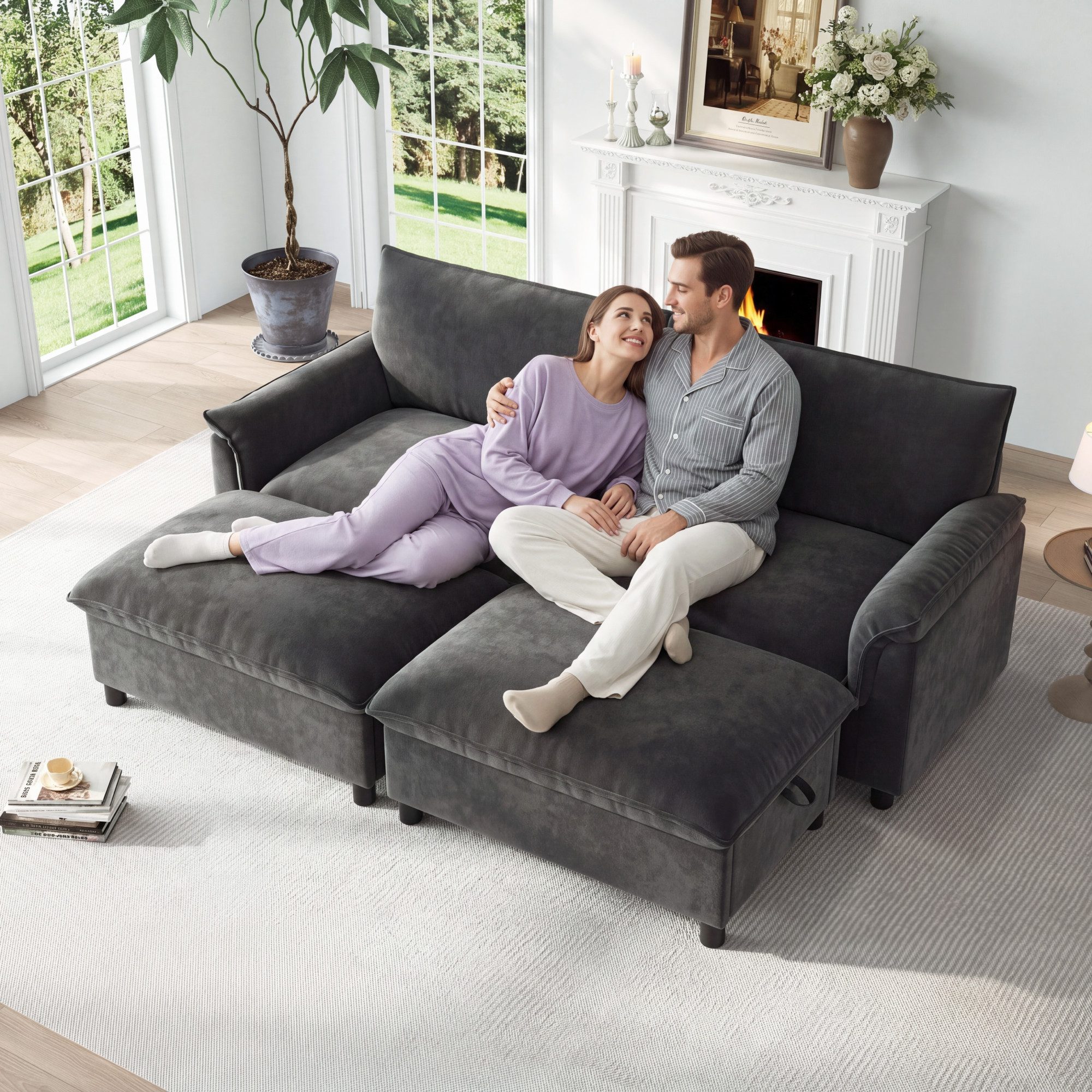 Merax Ecksofa Cloud Sofa 4-Sitzer mit Schlaffunktion, 2 Stauraumhocker, 1 Teile, Modulares Chenille Soffa, Deep Seat Wohnzimmersofa Groß, Couch