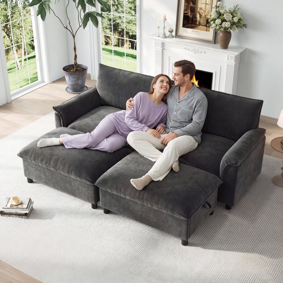 Merax Ecksofa Cloud Sofa 4-Sitzer mit Schlaffunktion, 2 Stauraumhocker, 1 Teile, Modulares Chenille Soffa, Deep Seat Wohnzimmersofa Groß, Couch, Eckcouch