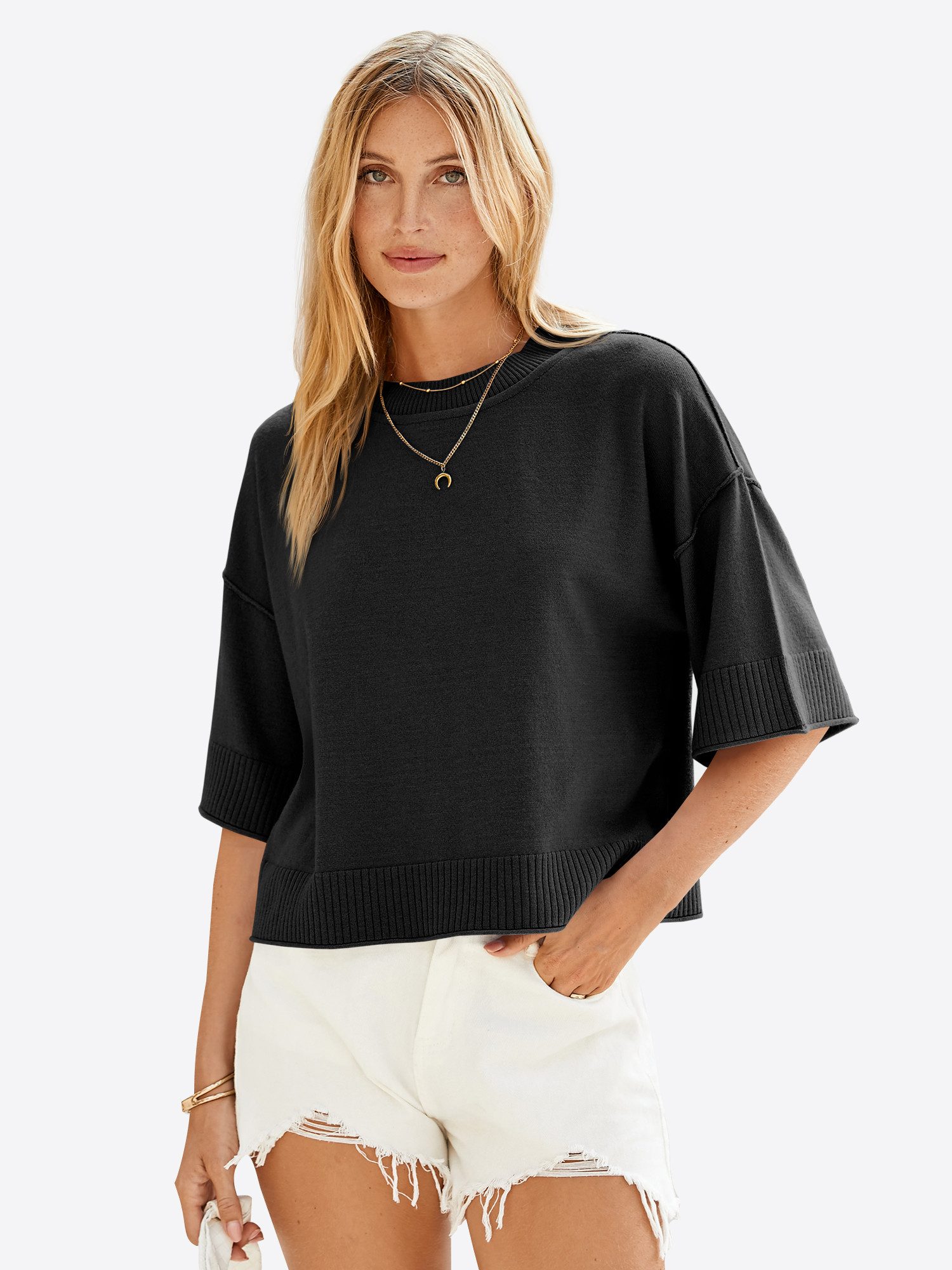 Imily Bela Strickpullover Damen Halbarm Sommer Oversized Cropped Casual Swe günstig online kaufen