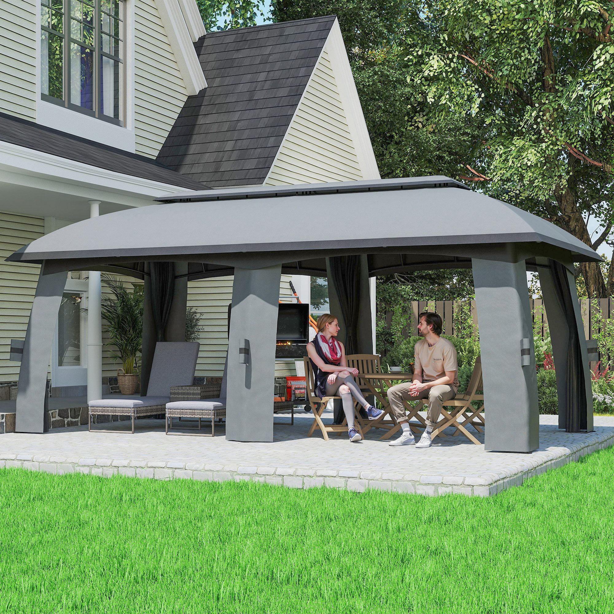 Outsunny Pavillon Partyzelt mit Doppeldach, Bierzelt, für Hof, Verzinkter Metall, mit 4 Seitenteilen, (Gartenpavillon, Pavillon), Garten, Terrasse, Balkon, Dunkelgrau