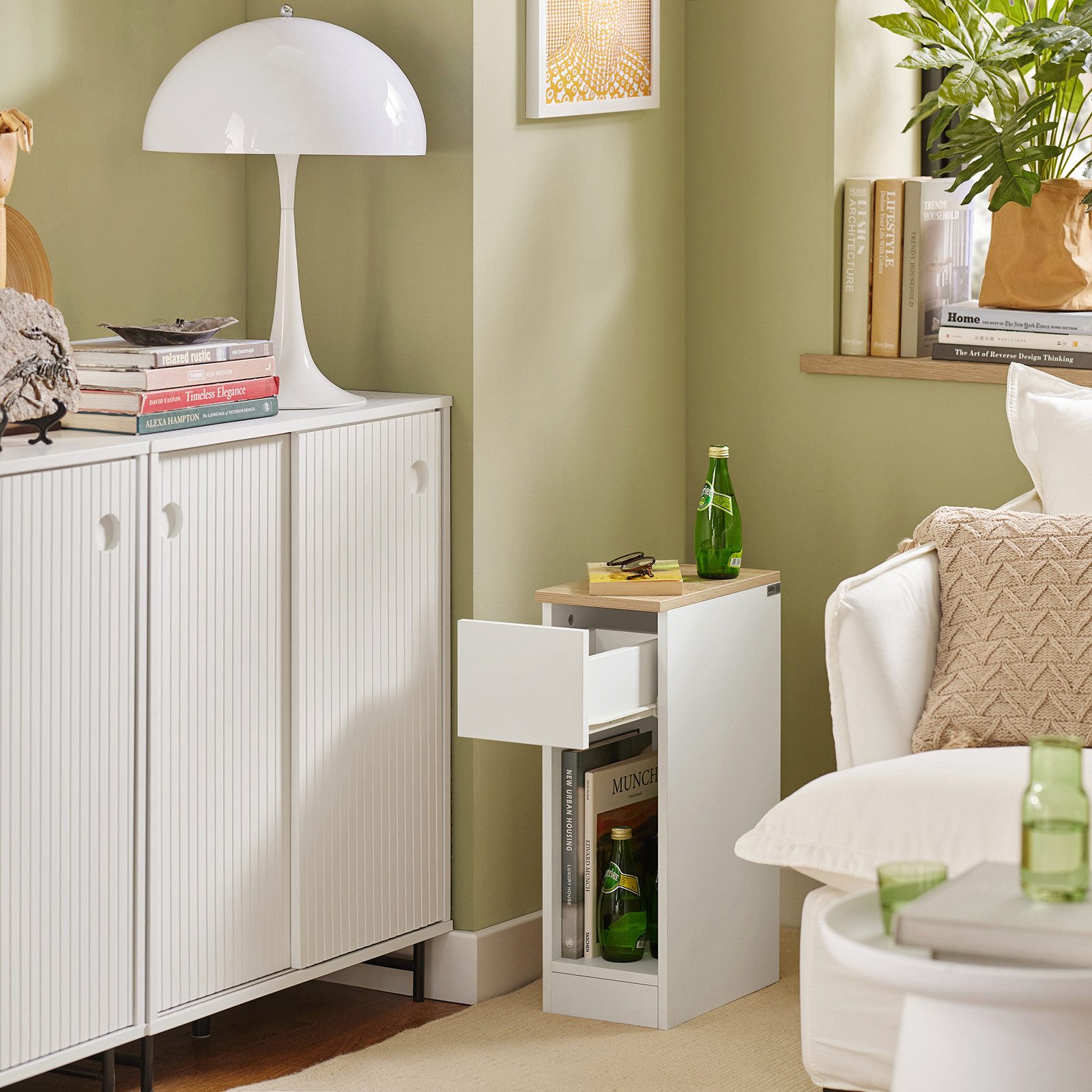 SoBuy Nachtschrank FBT111, Nachttisch schmal, Beistelltisch Zeitschriftenhalter Nachtkommode mit Schublade, offenes Fach, schmal, Schlafzimmer