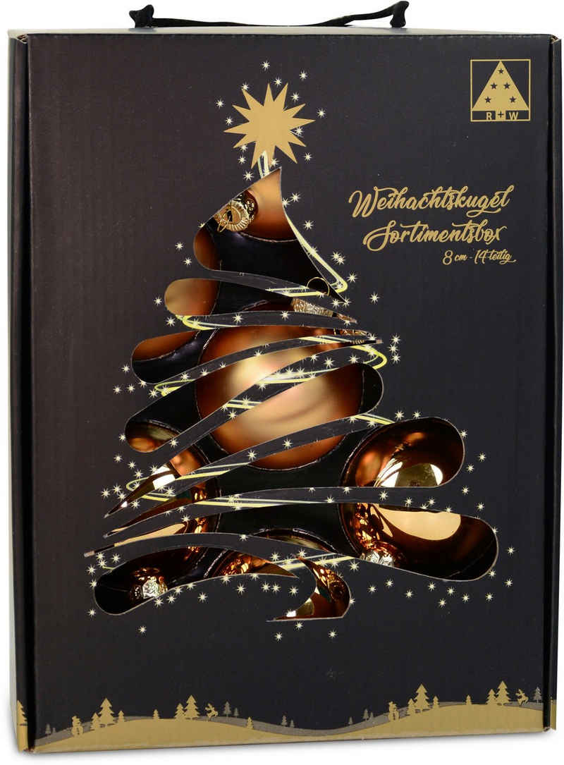 RIFFELMACHER & WEINBERGER Weihnachtsbaumkugel Weihnachtsdeko, Christbaumschmuck, Christbaumkugeln Glas, goldfarben (14 St), Ø ca. 8 cm, aus Glas, mit praktischer Aufbewahrungsbox