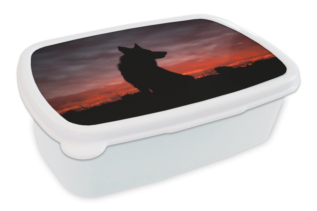 MuchoWow Lunchbox Wolf - Raubtier - Sonnenuntergang, Kunststoff, (2-tlg), Brotbox für Kinder und Erwachsene, Brotdose, für Jungs und Mädchen weiß