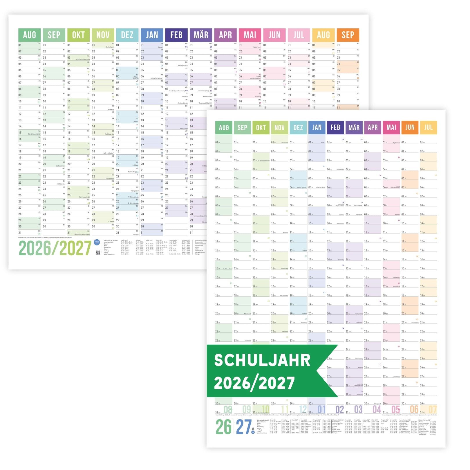 heaven+paper Jahresplaner A1 Schuljahresplaner 2026/2027 Regenbogen bunt hochwertig, Hergestellt in Deutschland