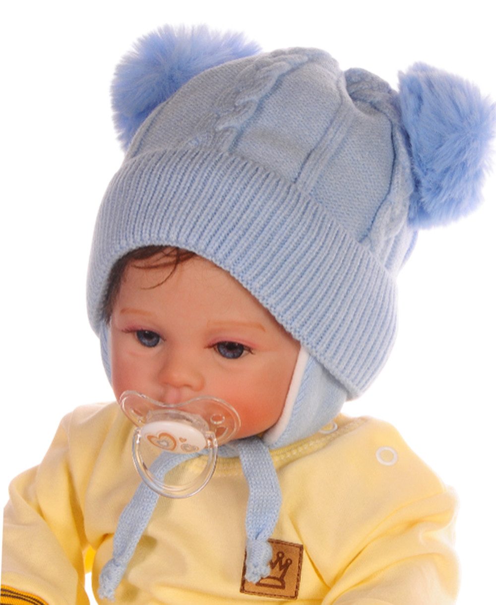 La Bortini Bommelmütze Baby Mütze in Creme Beige oder Blau mit Bommel 0-12Mon weich, warm, mit Baumwoll-Futter, neutral