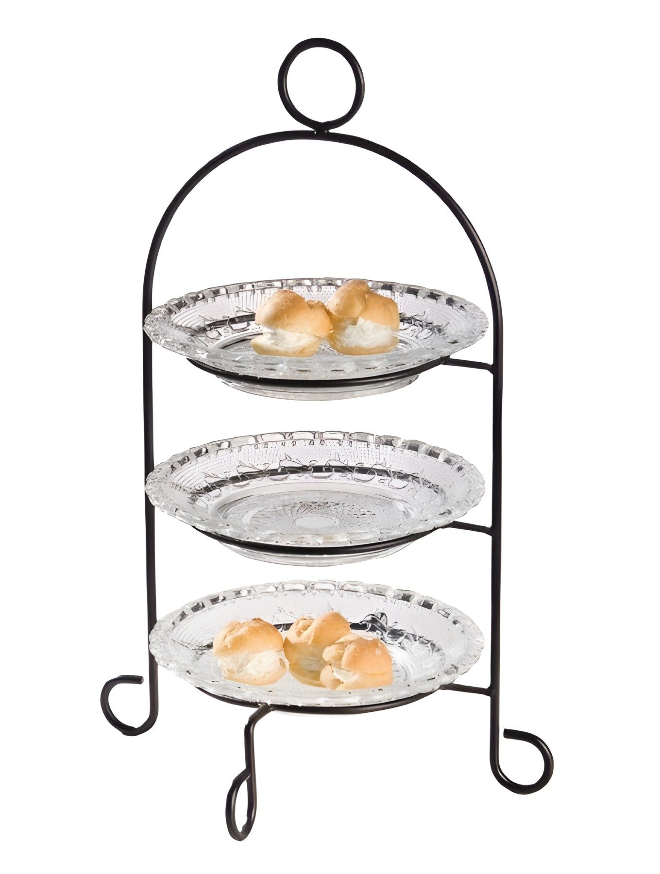 Dekoleidenschaft Etagere aus Metall schwarz, 3 stöckig mit Glastellern, Retro Gebäcketagere, Metall, (4-tlg), Obstetagere, Ständer für Muffins Gebäck Donuts Cupcakes Kuchen