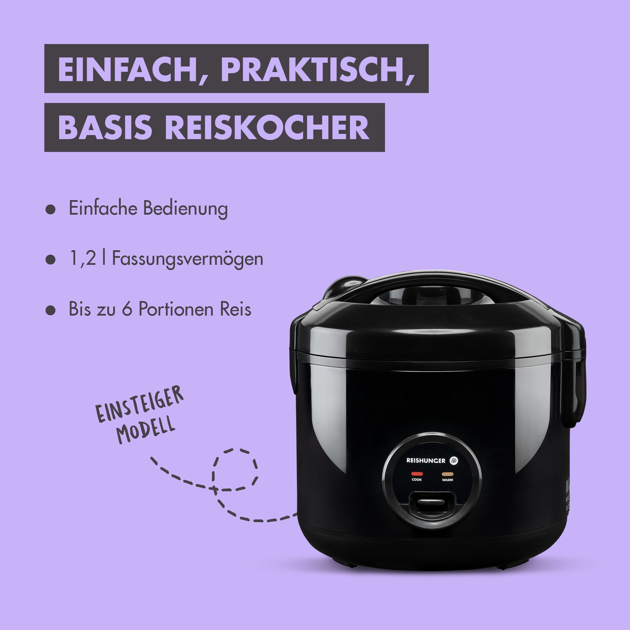 Reishunger Reiskocher REISHUNGER Basis Reiskocher, schwarz, 1,2L – Kennenlernset, 500 W, Mit Warmhaltefunktion für bis zu 8 Stunden