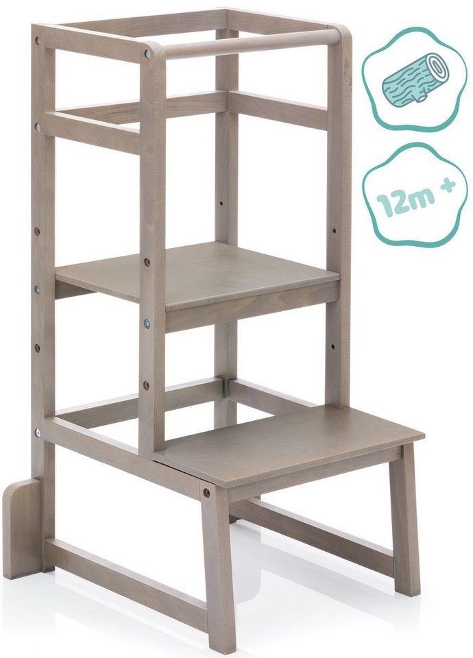 Fillikid Stehhilfe Lernturm, grau, aus Holz, Mitwachsend dank  höhenverstellbarem Stand- und Fußbrett (40/50/60 cm)