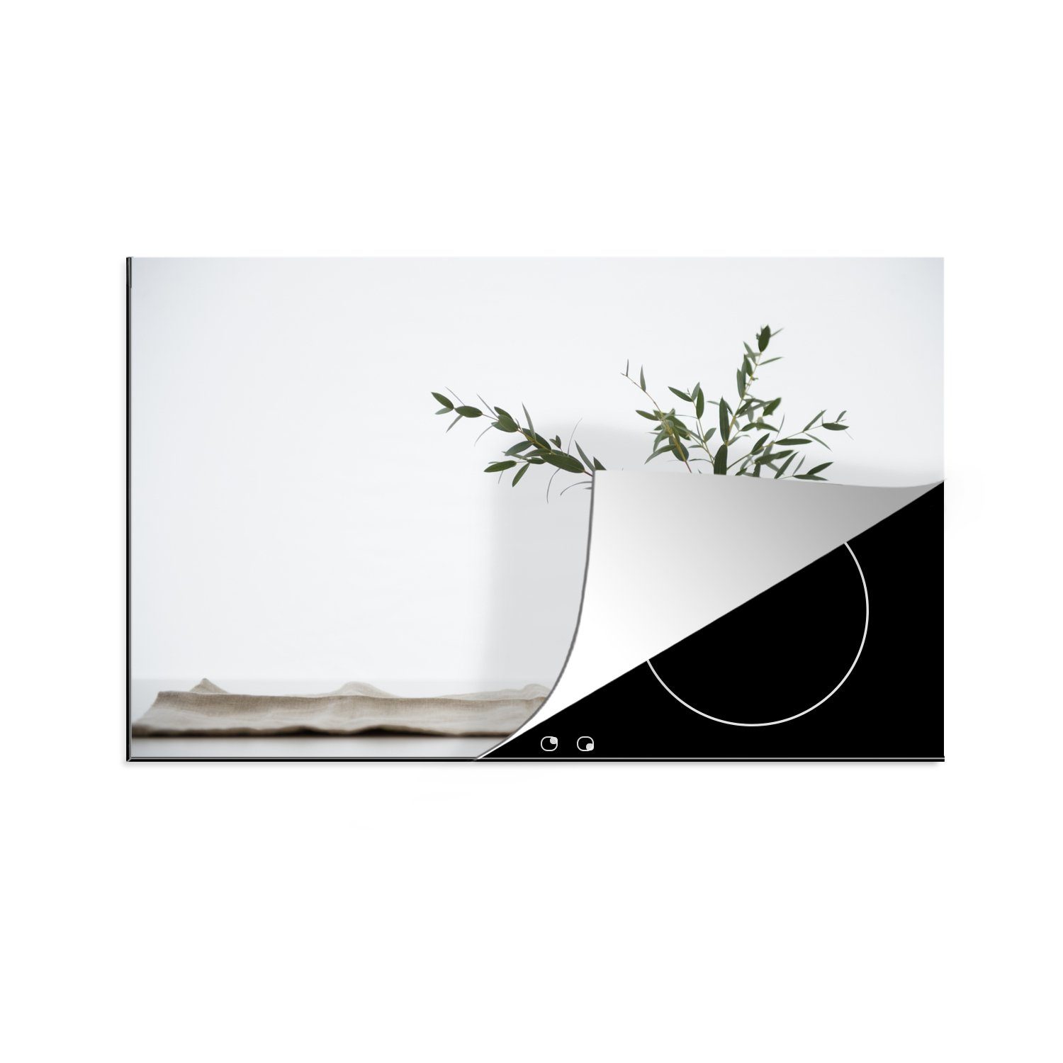 MuchoWow Herdblende-/Abdeckplatte Eukalyptuszweige cm, tlg), Glasvase, 81x52 Induktionskochfeld einer für Vinyl, küche, in (1 die Schutz Ceranfeldabdeckung